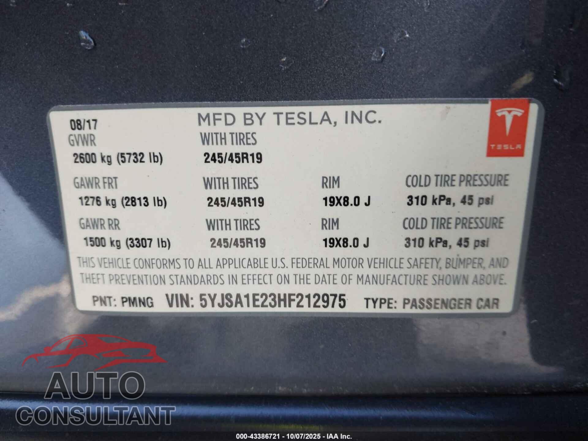 TESLA MODEL S 2017 - 5YJSA1E23HF212975