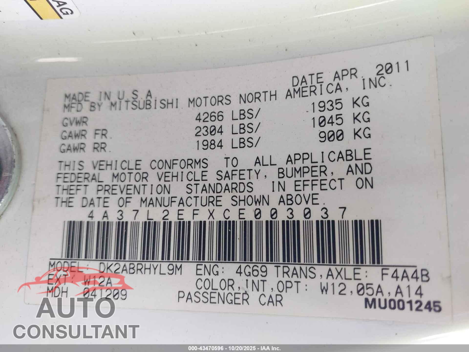MITSUBISHI ECLIPSE SPYDER 2012 - 4A37L2EFXCE003037