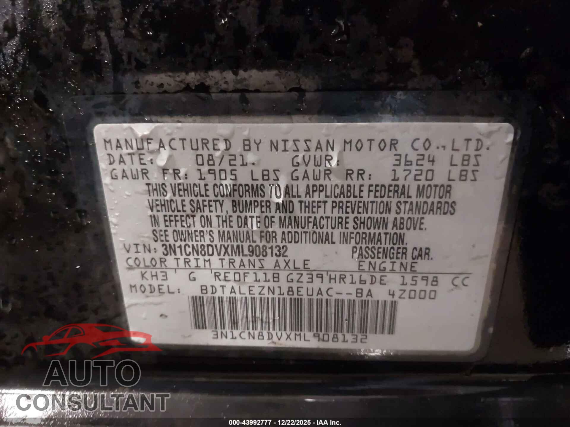 NISSAN VERSA 2021 - 3N1CN8DVXML908132