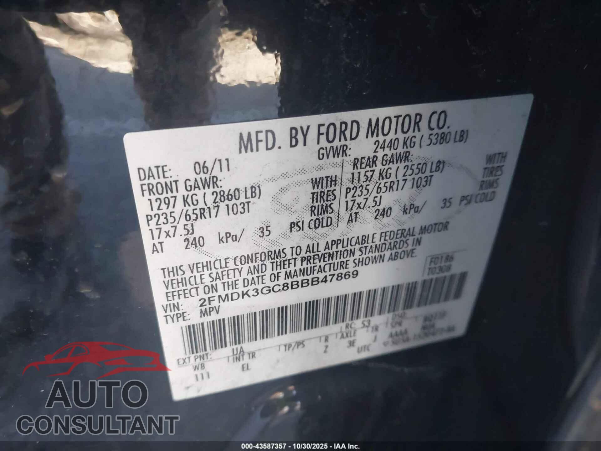 FORD EDGE 2011 - 2FMDK3GC8BBB47869