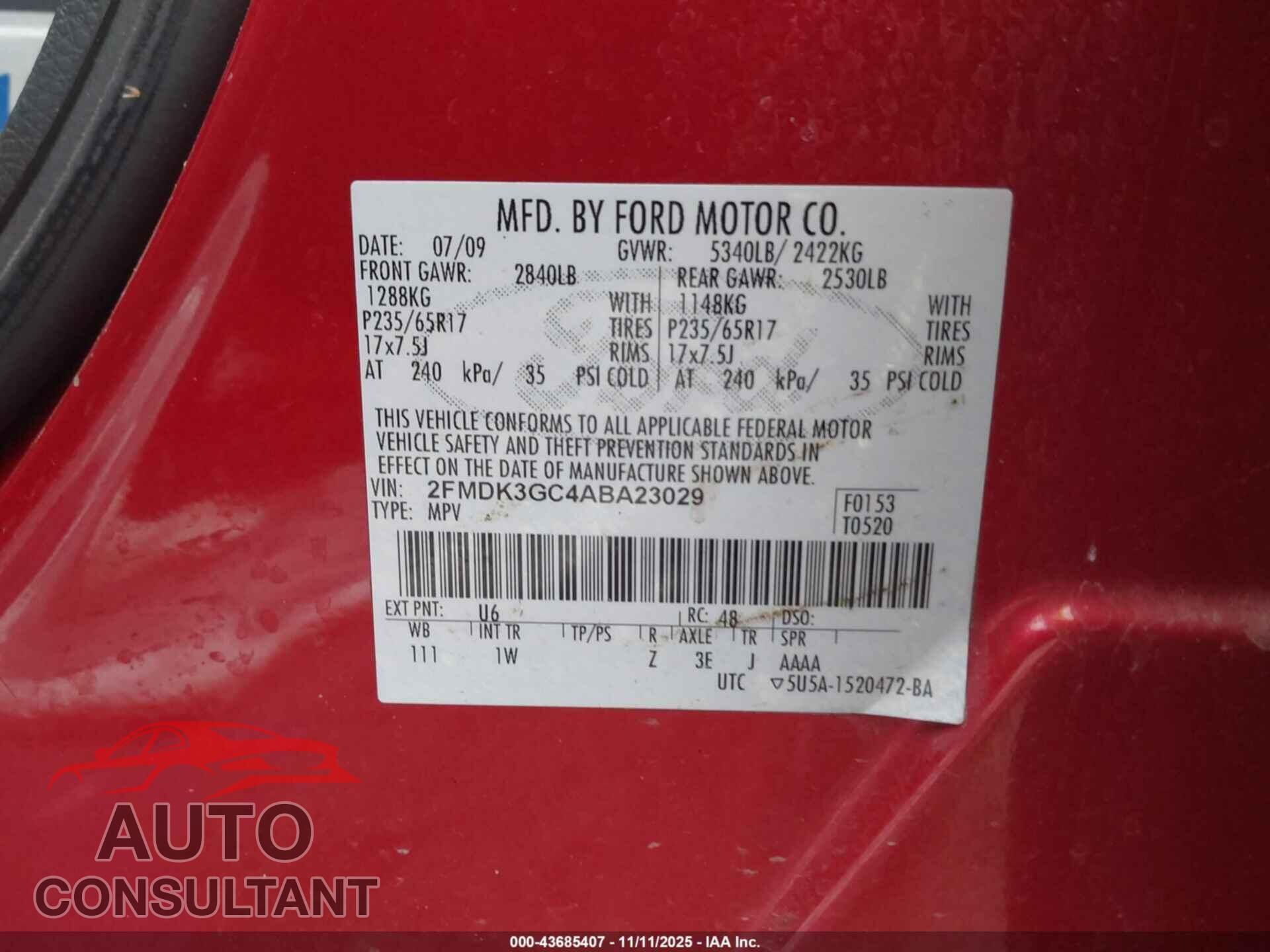 FORD EDGE 2010 - 2FMDK3GC4ABA23029