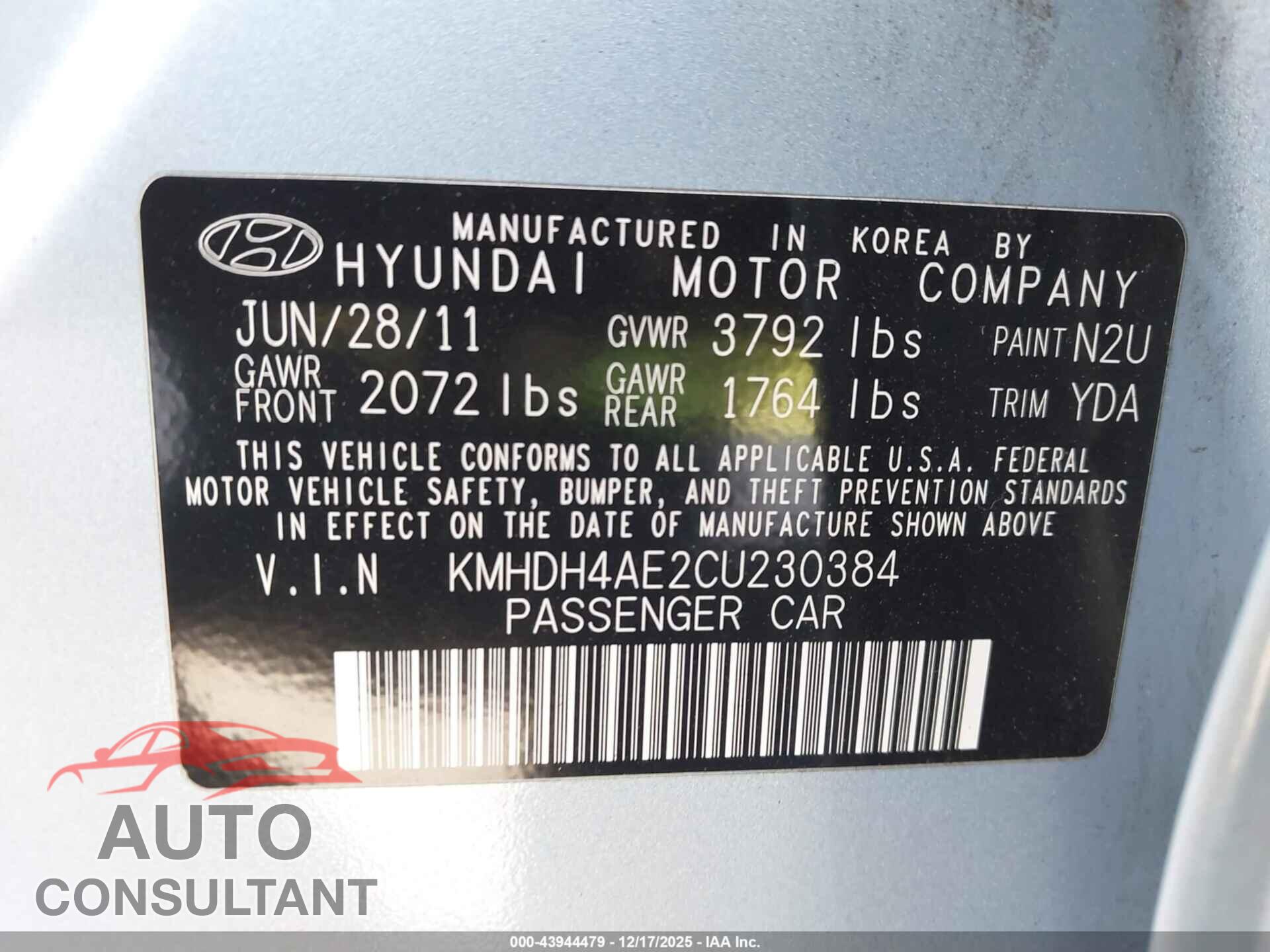 HYUNDAI ELANTRA 2012 - KMHDH4AE2CU230384