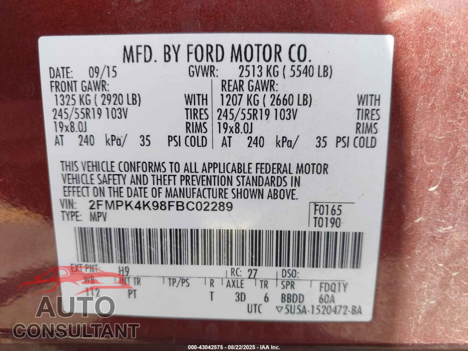 FORD EDGE 2015 - 2FMPK4K98FBC02289