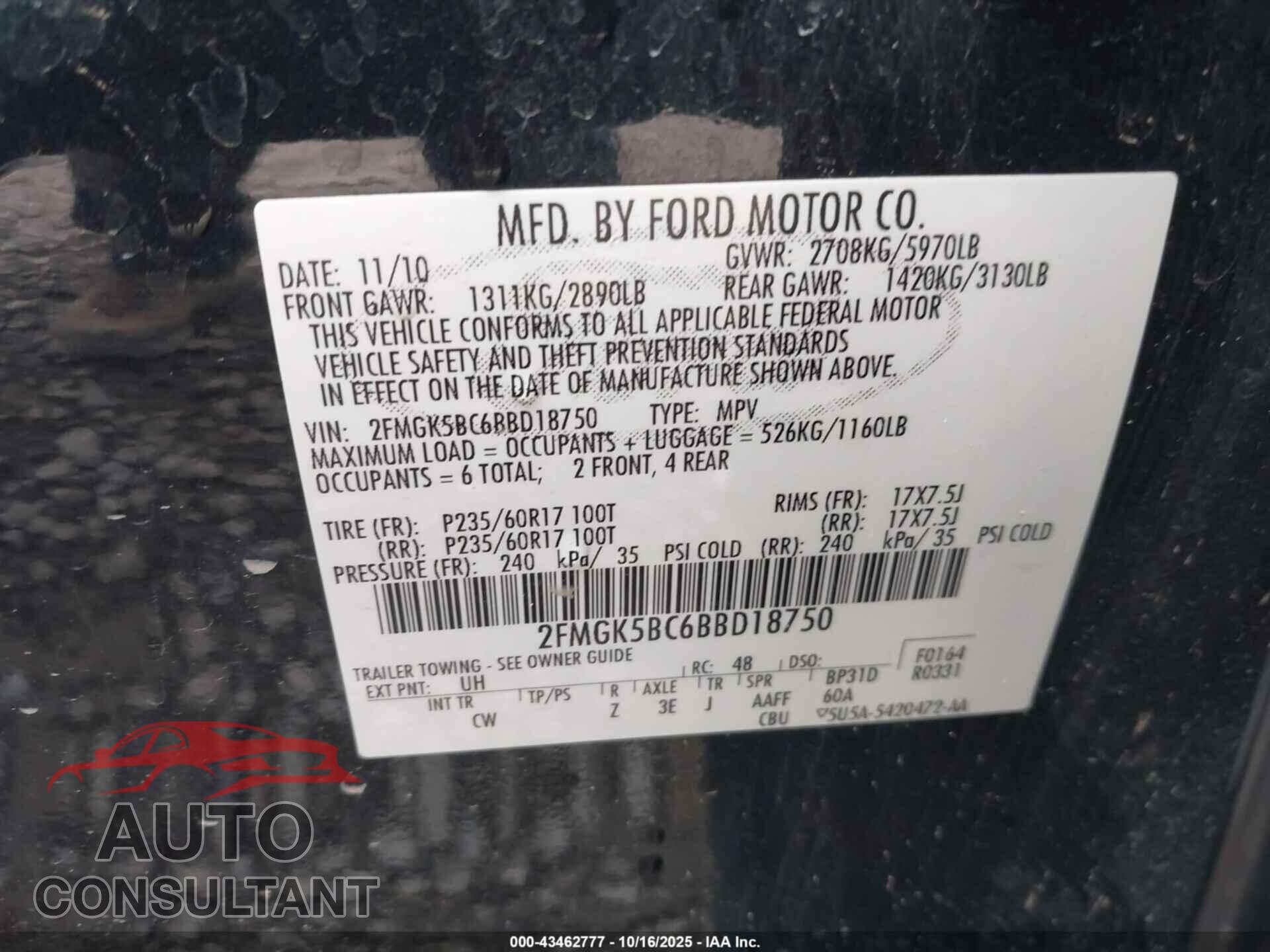 FORD FLEX 2011 - 2FMGK5BC6BBD18750