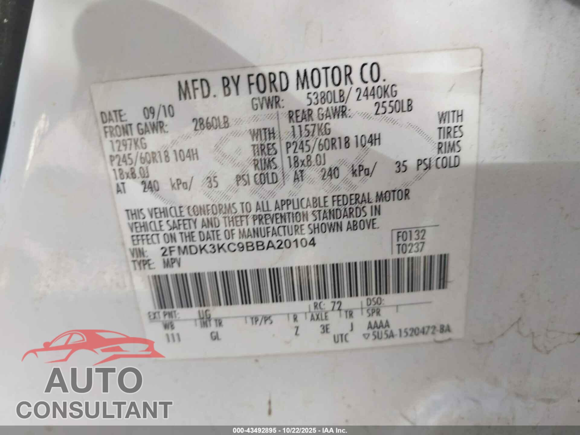 FORD EDGE 2011 - 2FMDK3KC9BBA20104