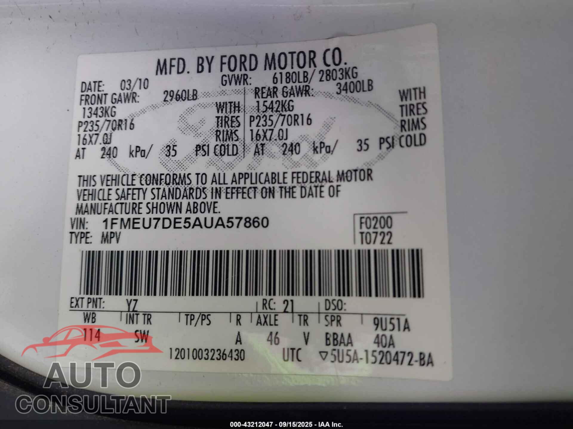 FORD EXPLORER 2010 - 1FMEU7DE5AUA57860