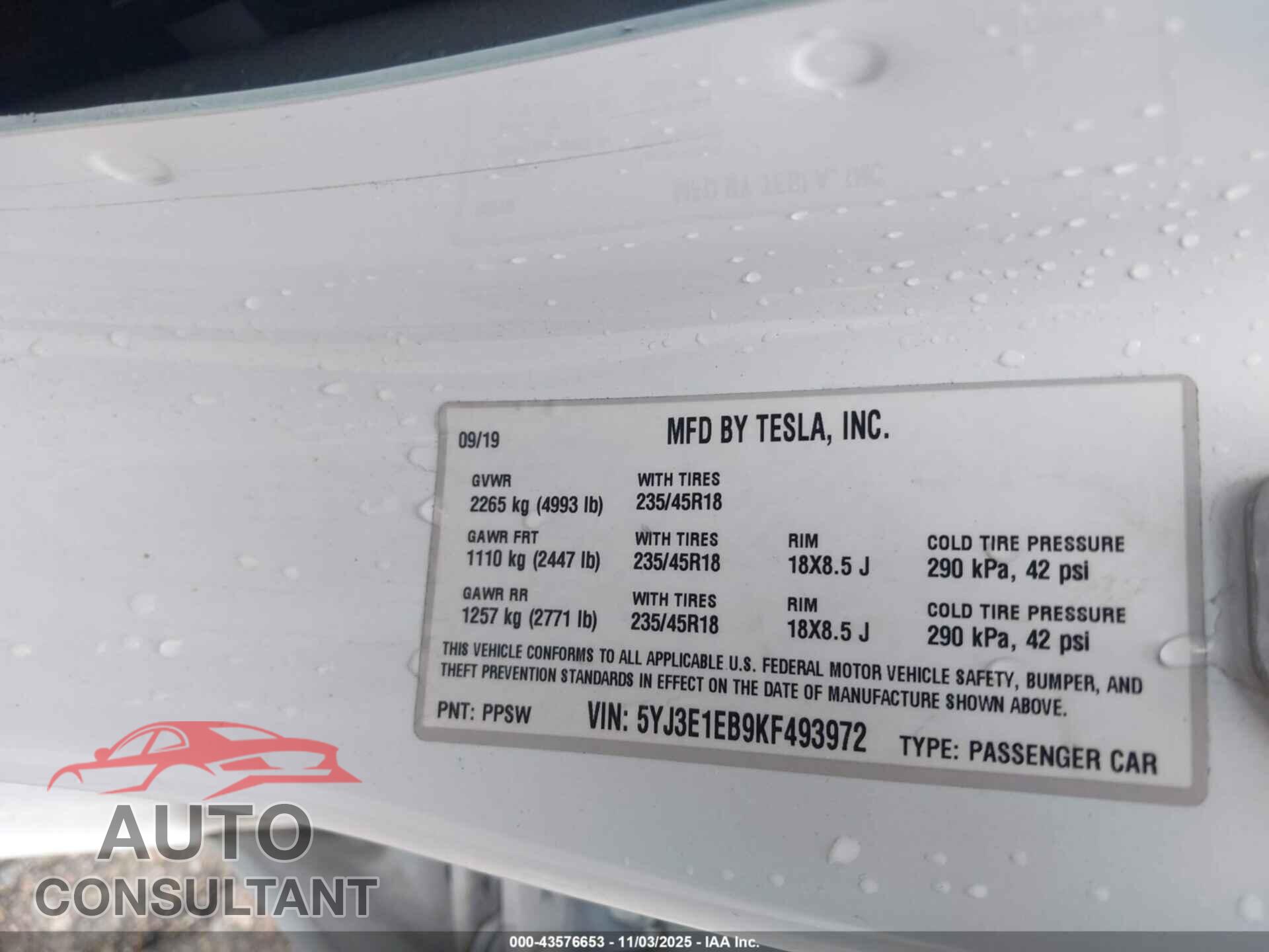 TESLA MODEL 3 2019 - 5YJ3E1EB9KF493972