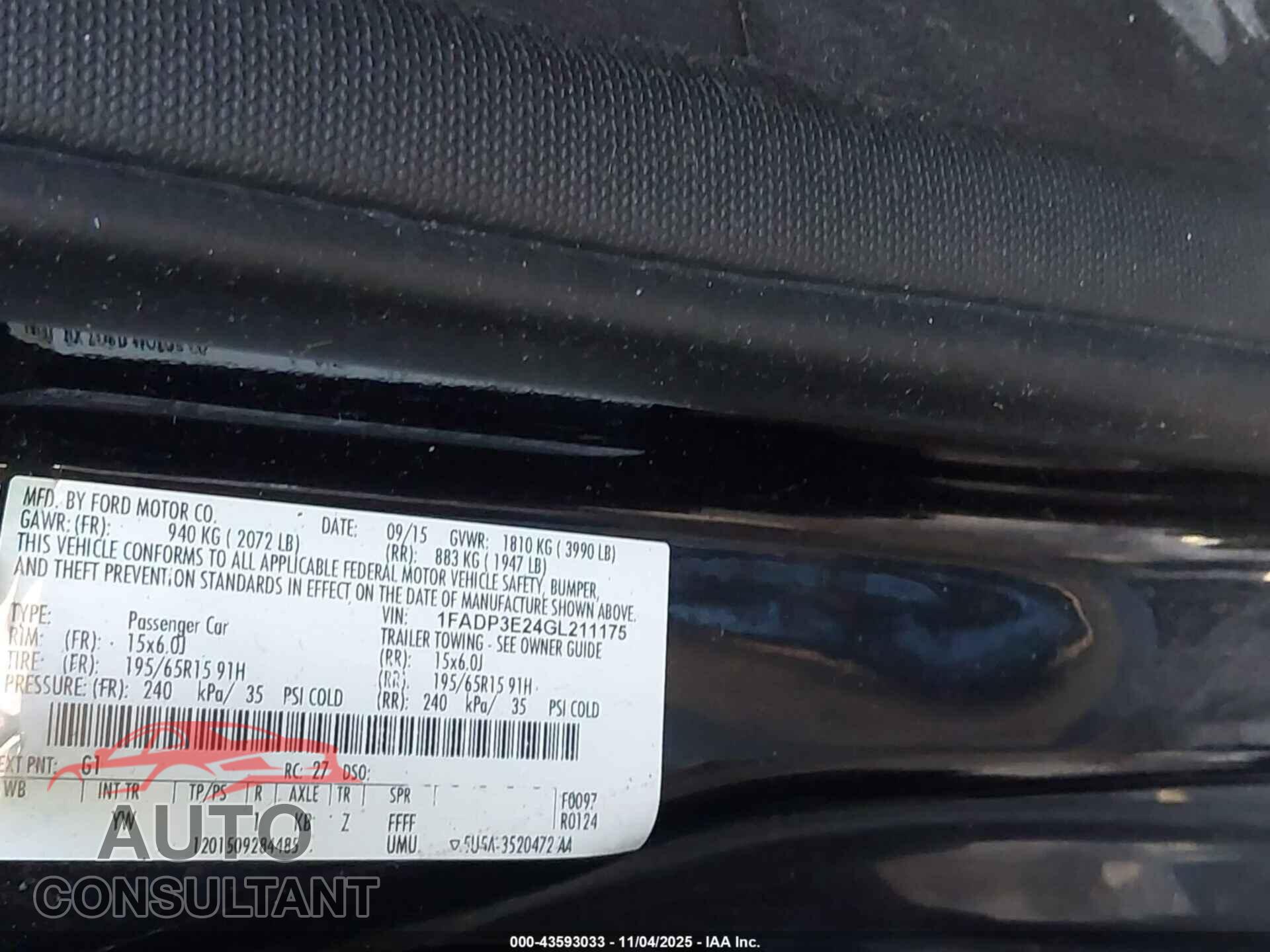 FORD FOCUS 2016 - 1FADP3E24GL211175