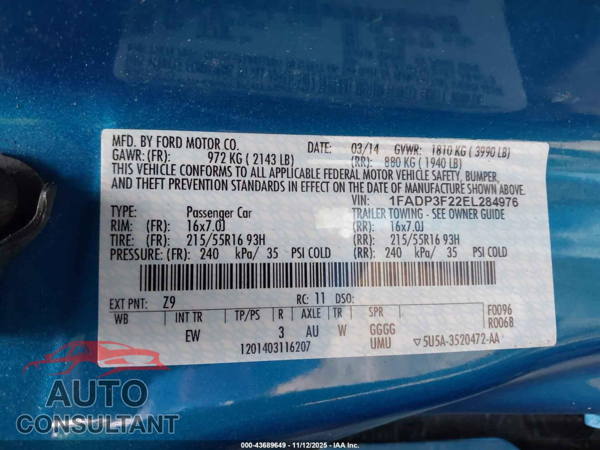 FORD FOCUS 2014 - 1FADP3F22EL284976