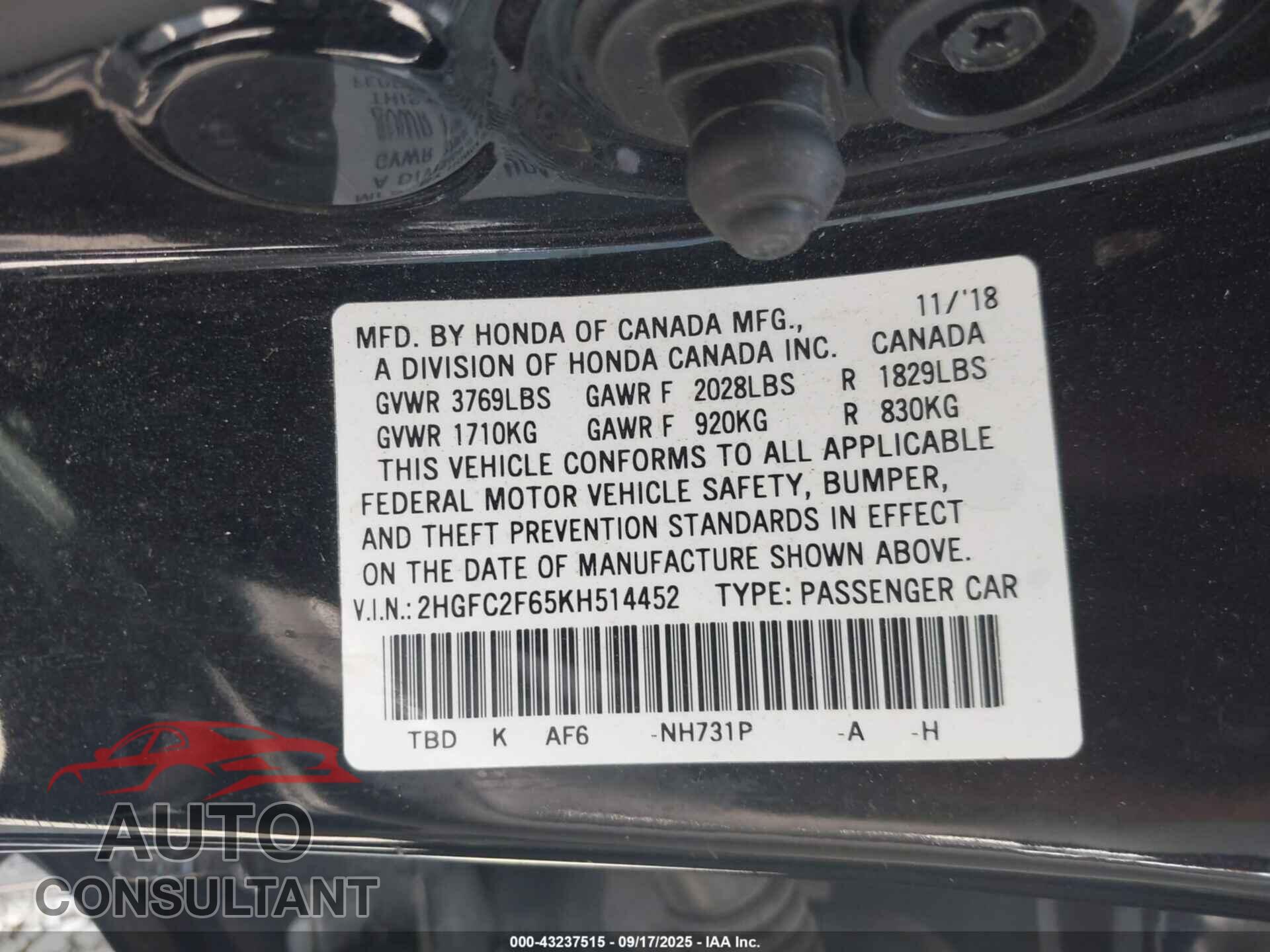 HONDA CIVIC 2019 - 2HGFC2F65KH514452