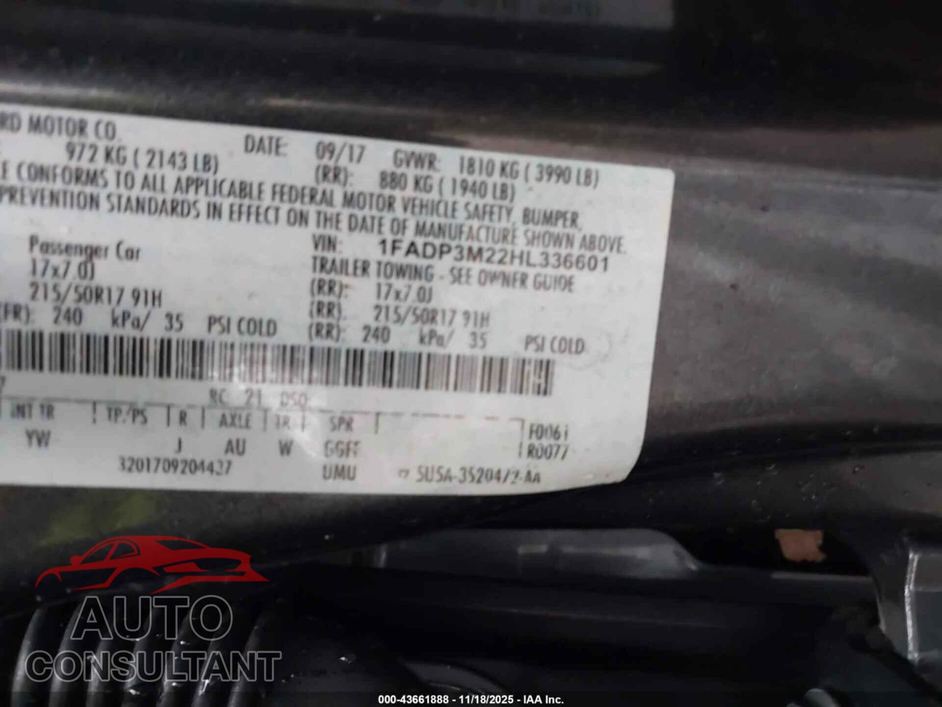 FORD FOCUS 2017 - 1FADP3M22HL336601