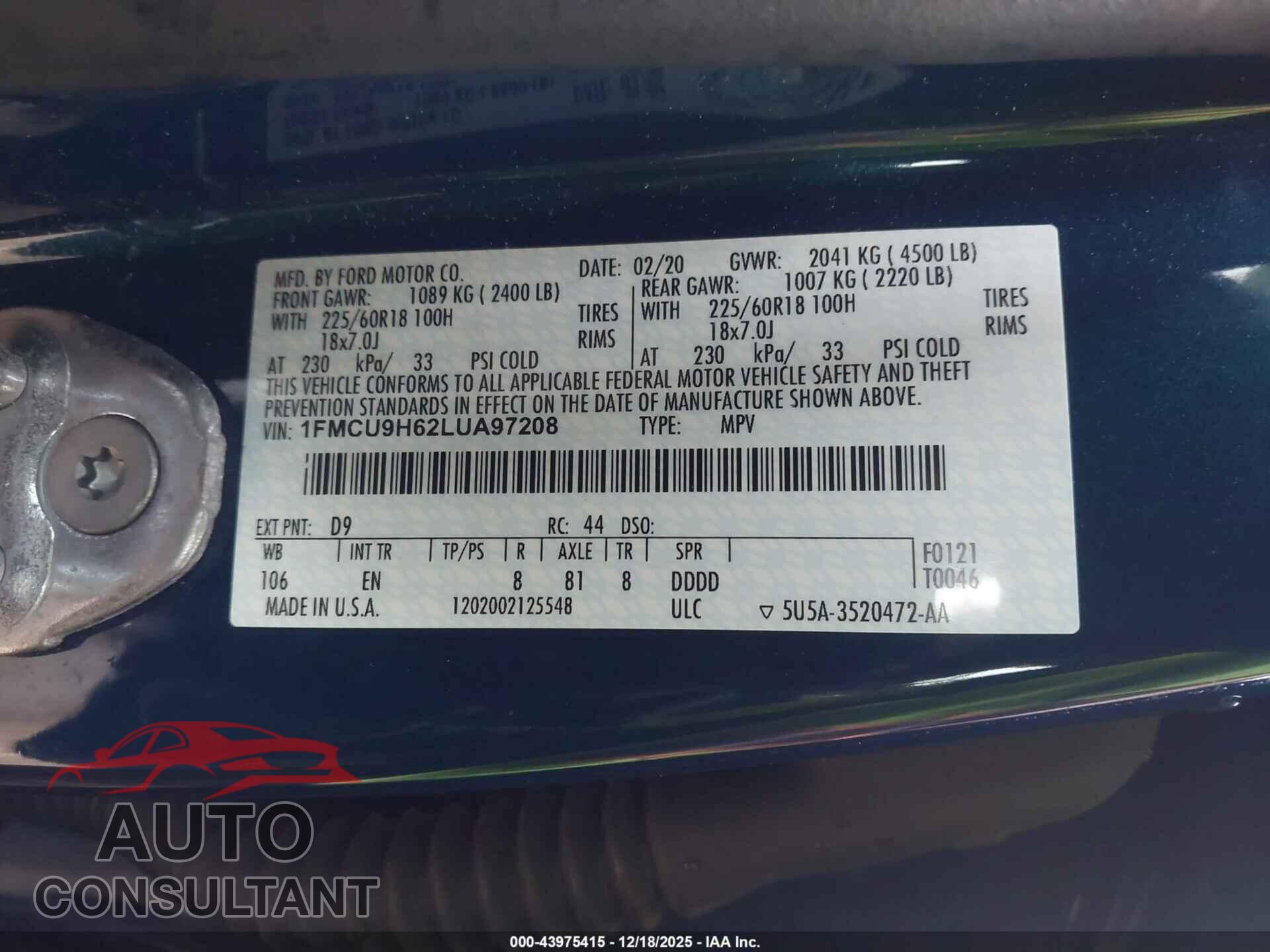 FORD ESCAPE 2020 - 1FMCU9H62LUA97208