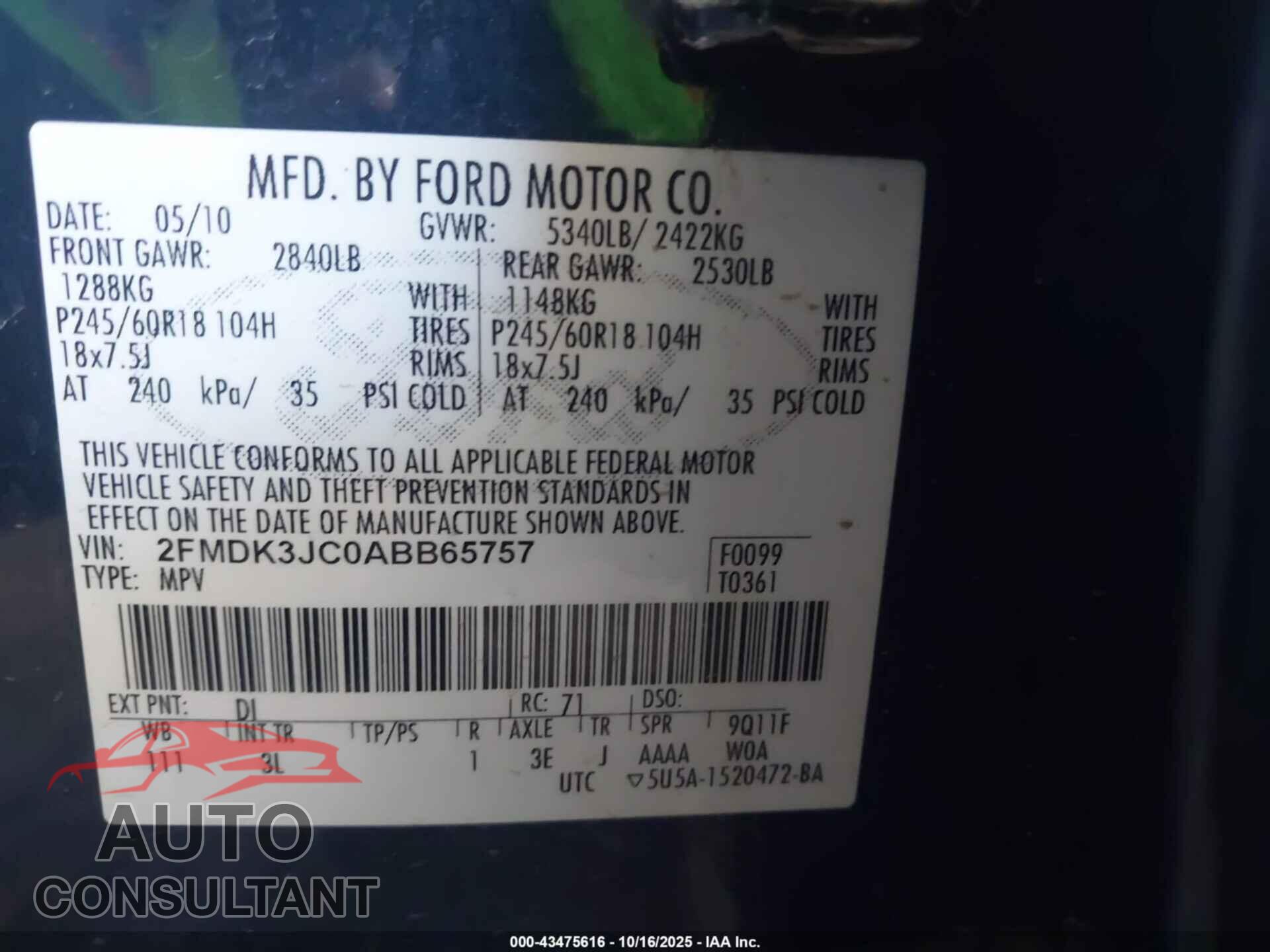 FORD EDGE 2010 - 2FMDK3JC0ABB65757