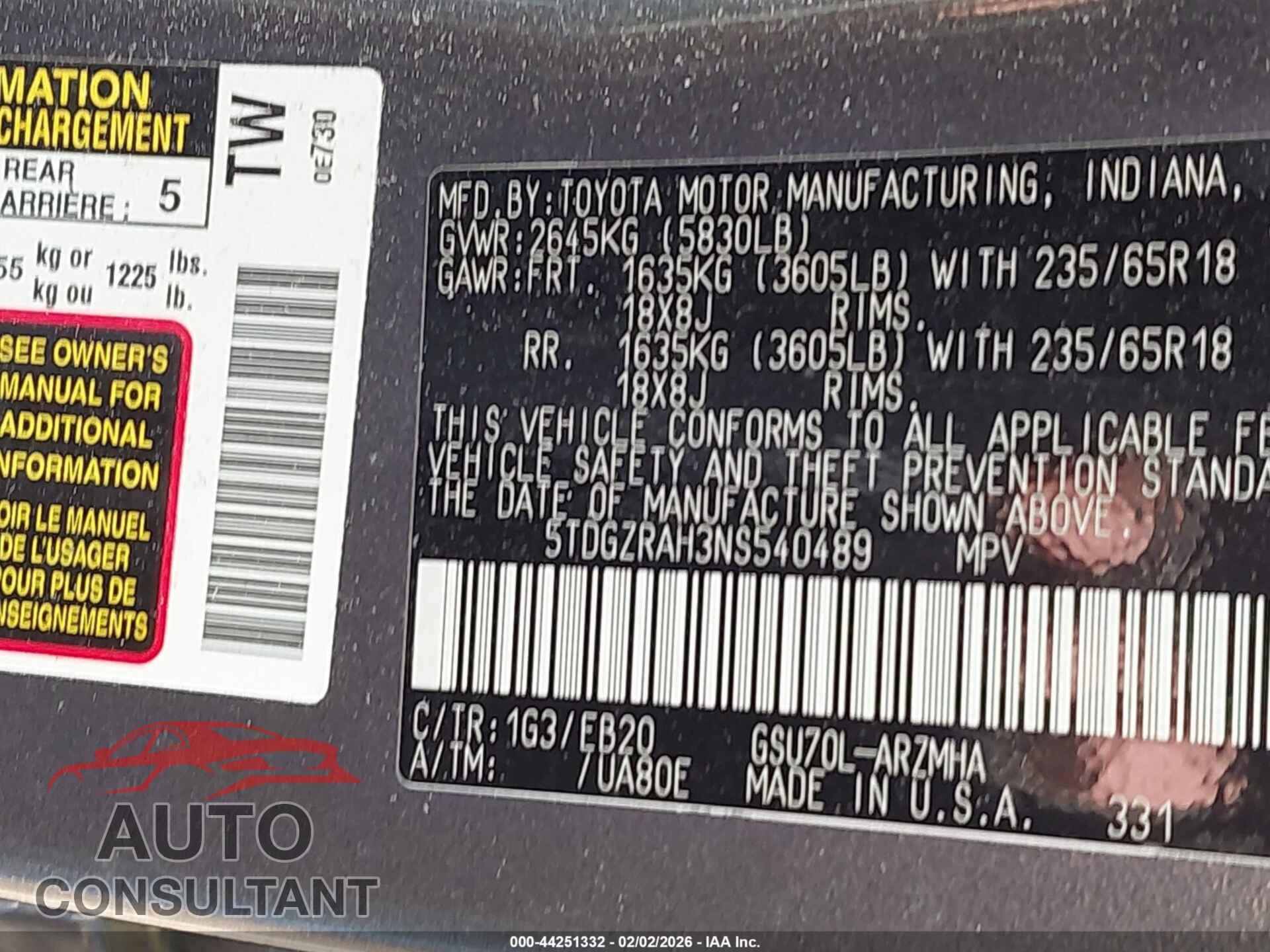 TOYOTA HIGHLANDER 2022 - 5TDGZRAH3NS540489