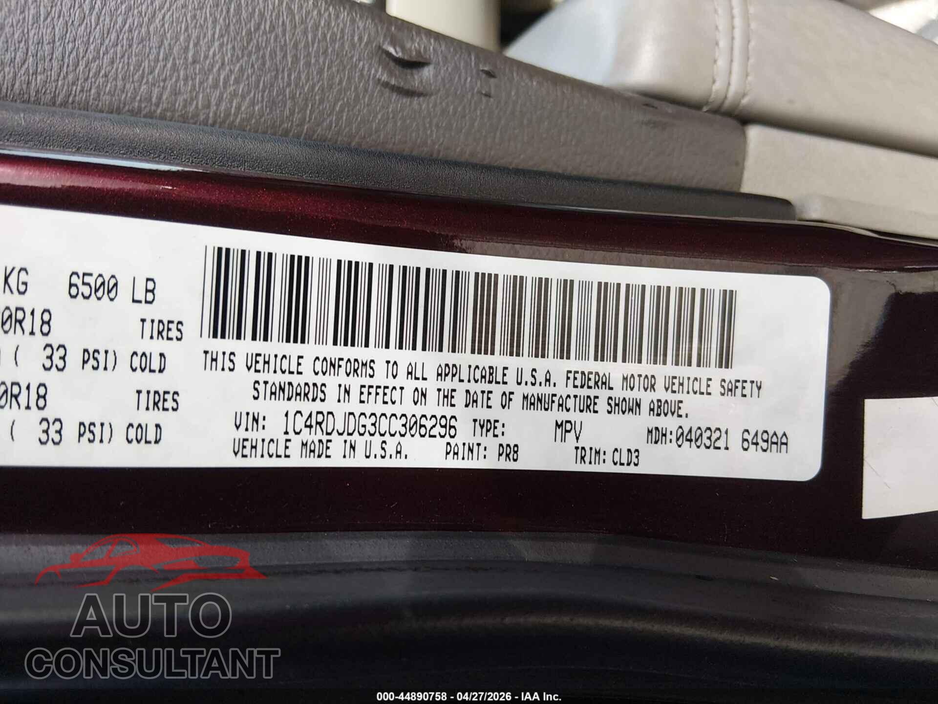 DODGE DURANGO 2012 - 1C4RDJDG3CC306296