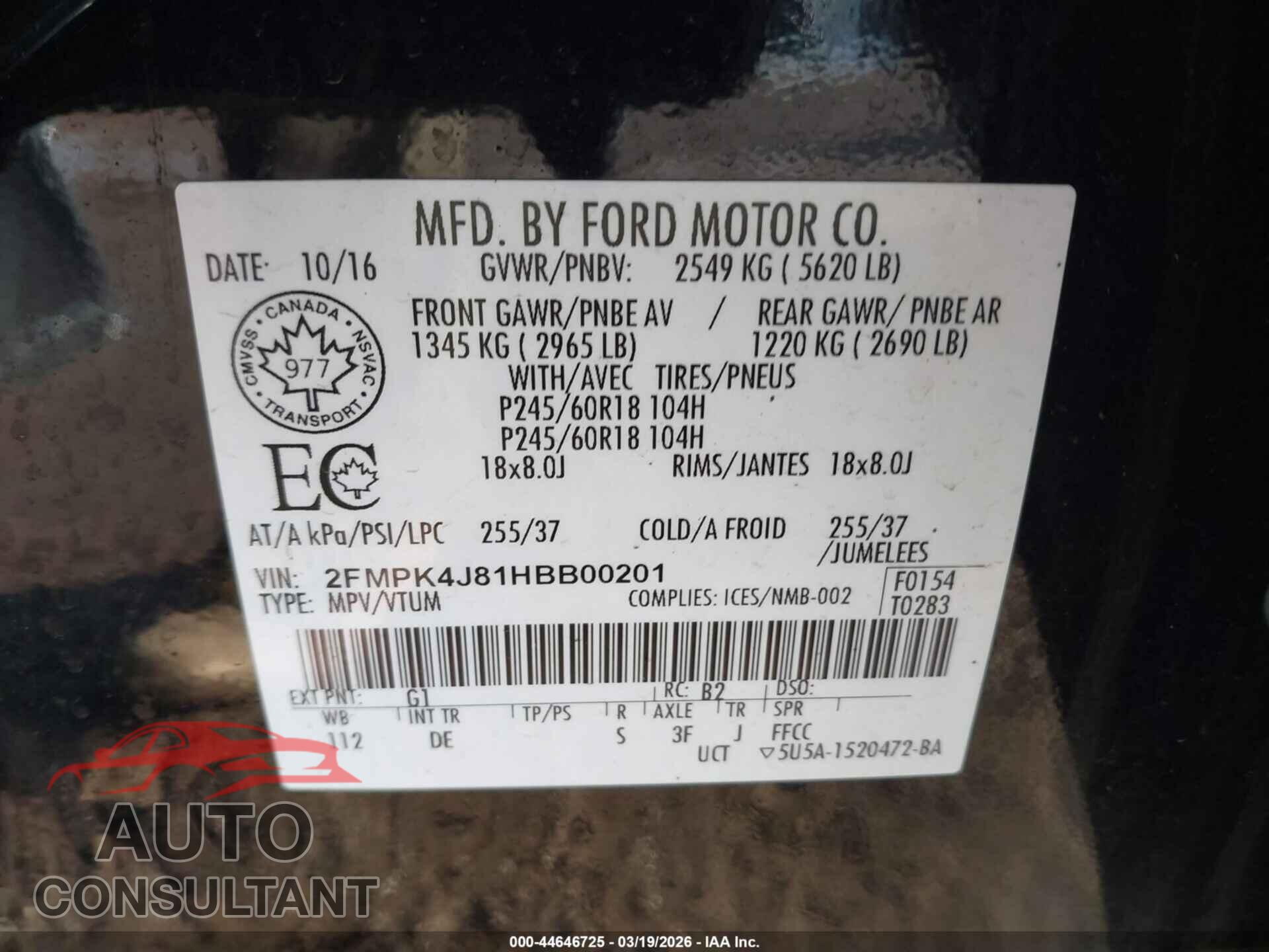 FORD EDGE 2017 - 2FMPK4J81HBB00201