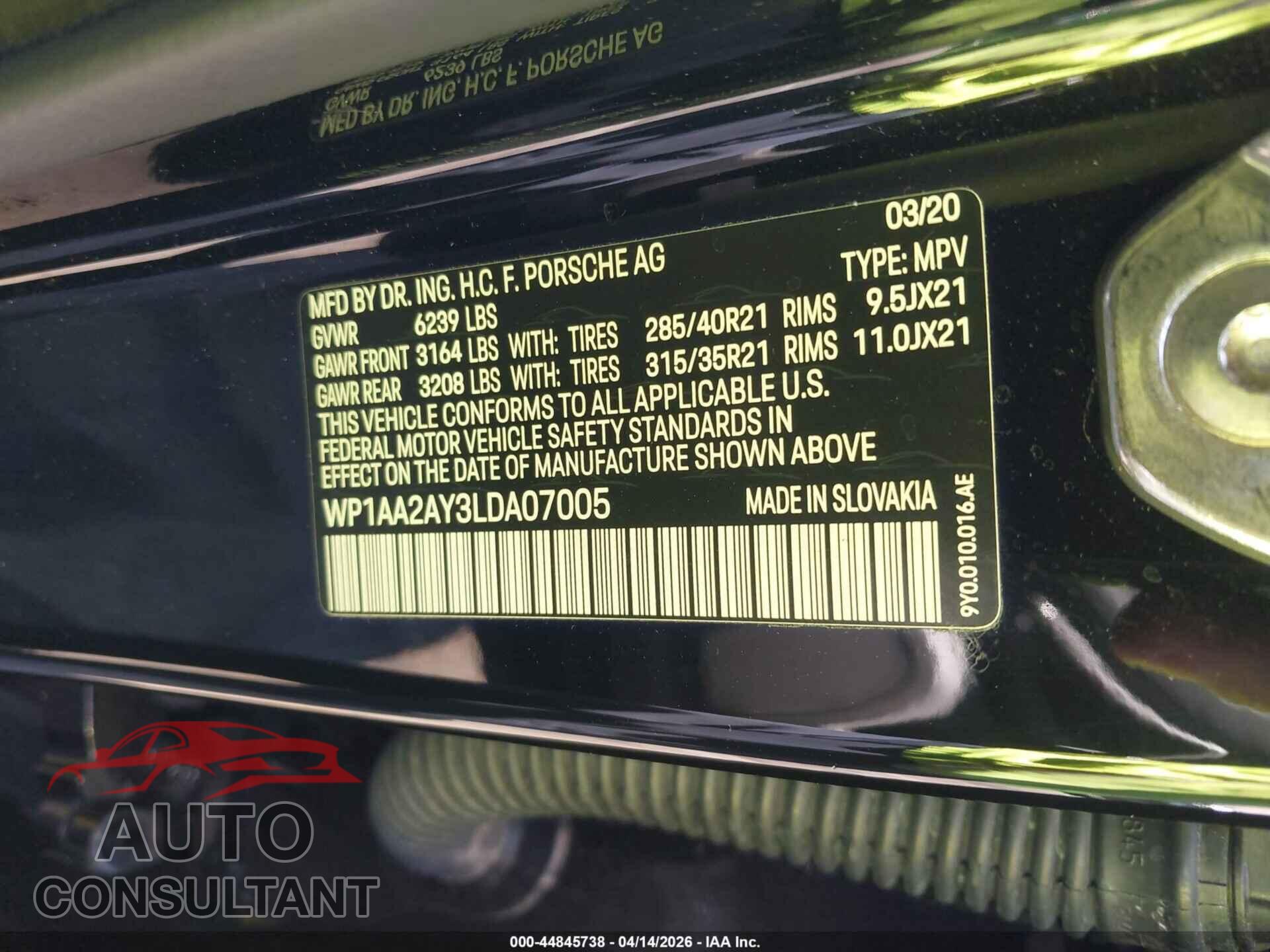 PORSCHE CAYENNE 2020 - WP1AA2AY3LDA07005
