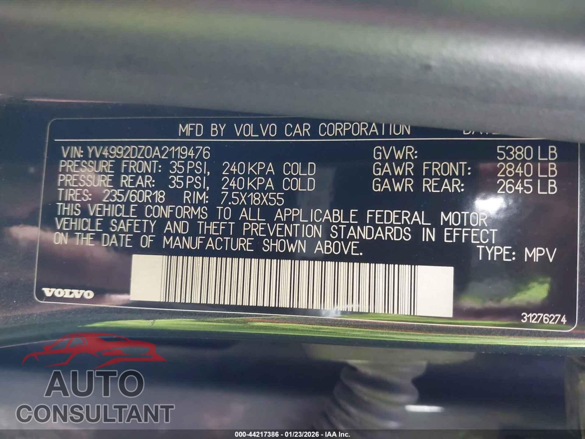 VOLVO XC60 2010 - YV4992DZ0A2119476
