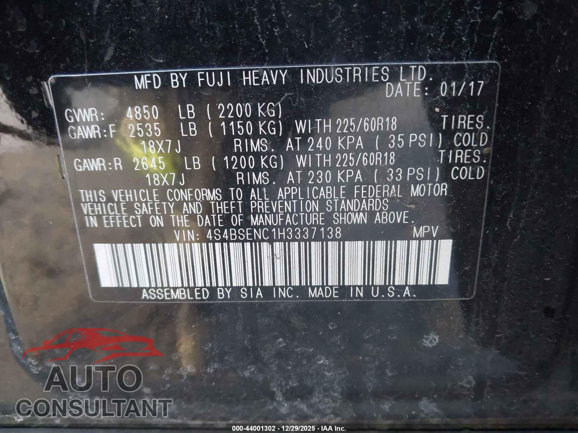 SUBARU OUTBACK 2017 - 4S4BSENC1H3337138