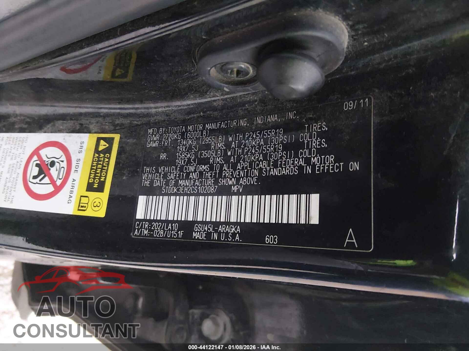 TOYOTA HIGHLANDER 2012 - 5TDDK3EH2CS102087