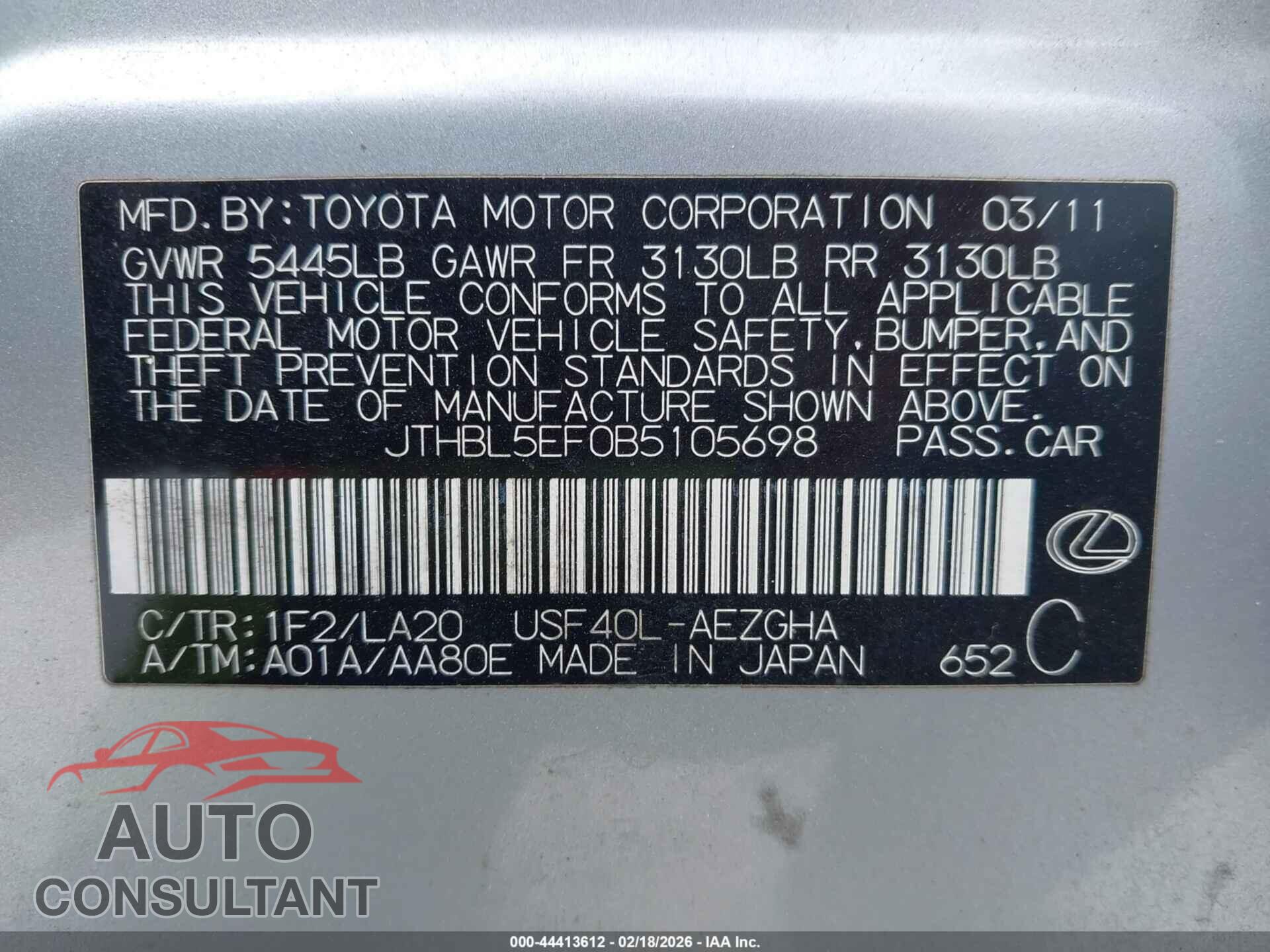 LEXUS LS 460 2011 - JTHBL5EF0B5105698