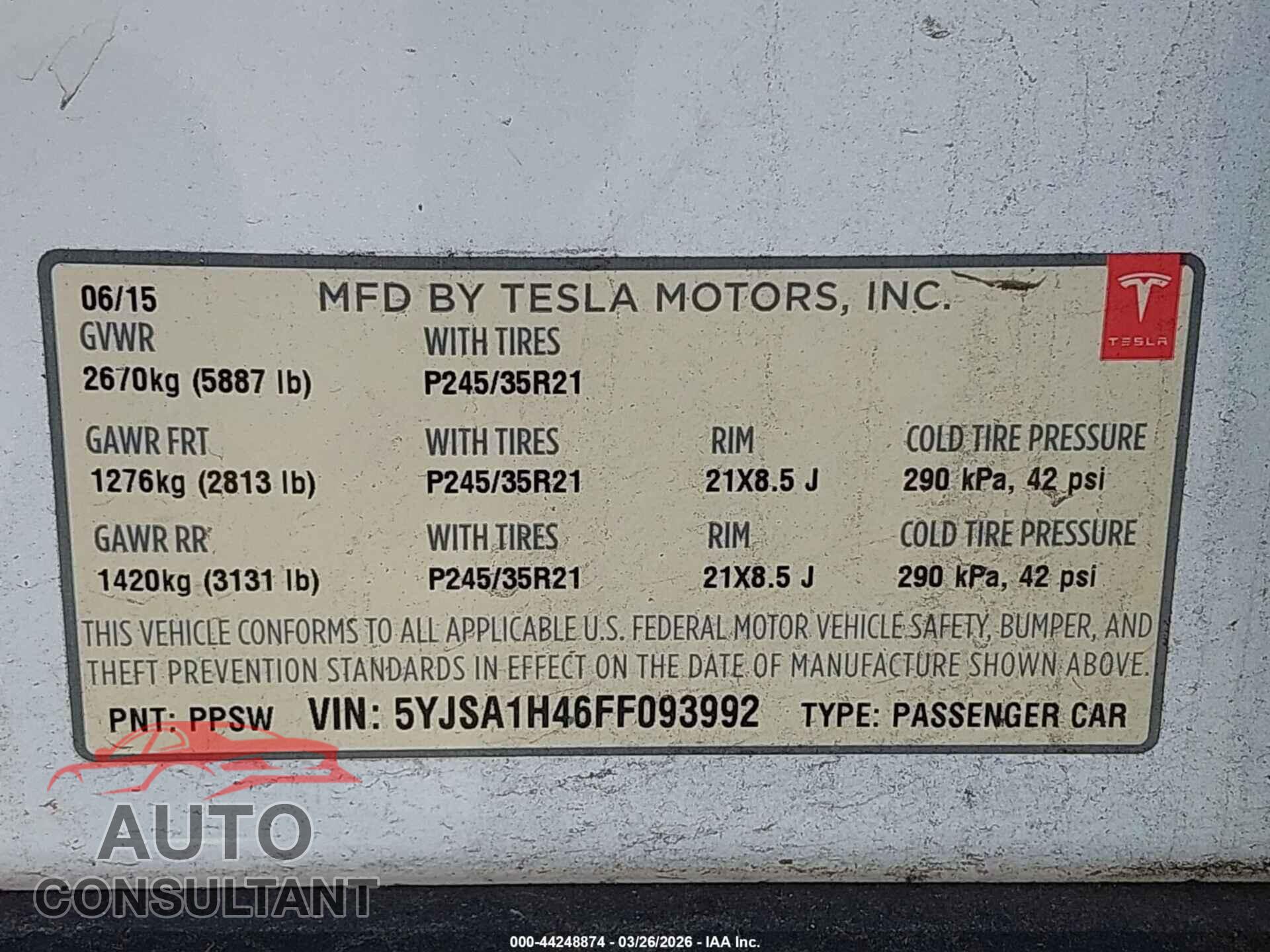 TESLA MODEL S 2015 - 5YJSA1H46FF093992