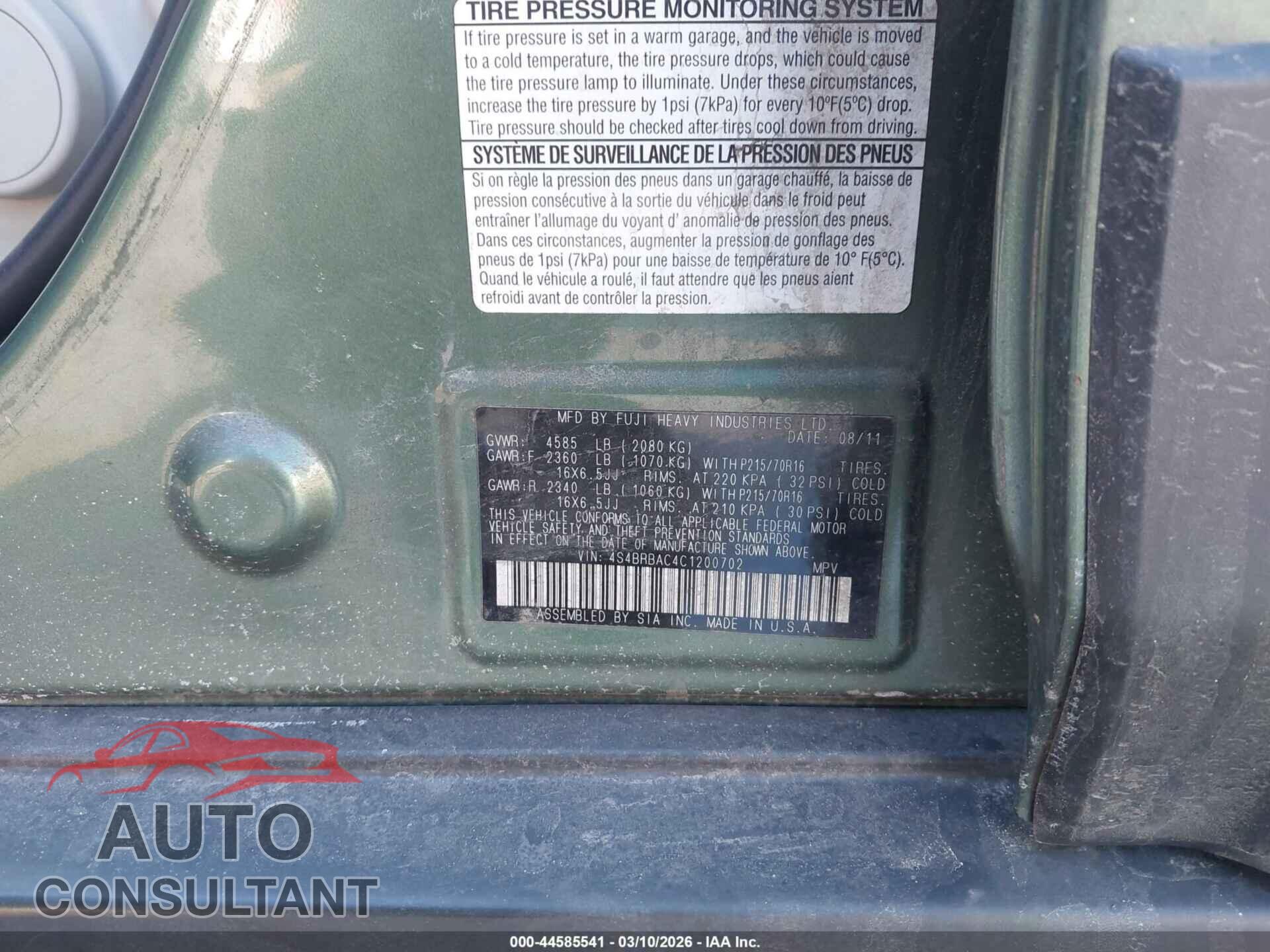 SUBARU OUTBACK 2012 - 4S4BRBAC4C1200702