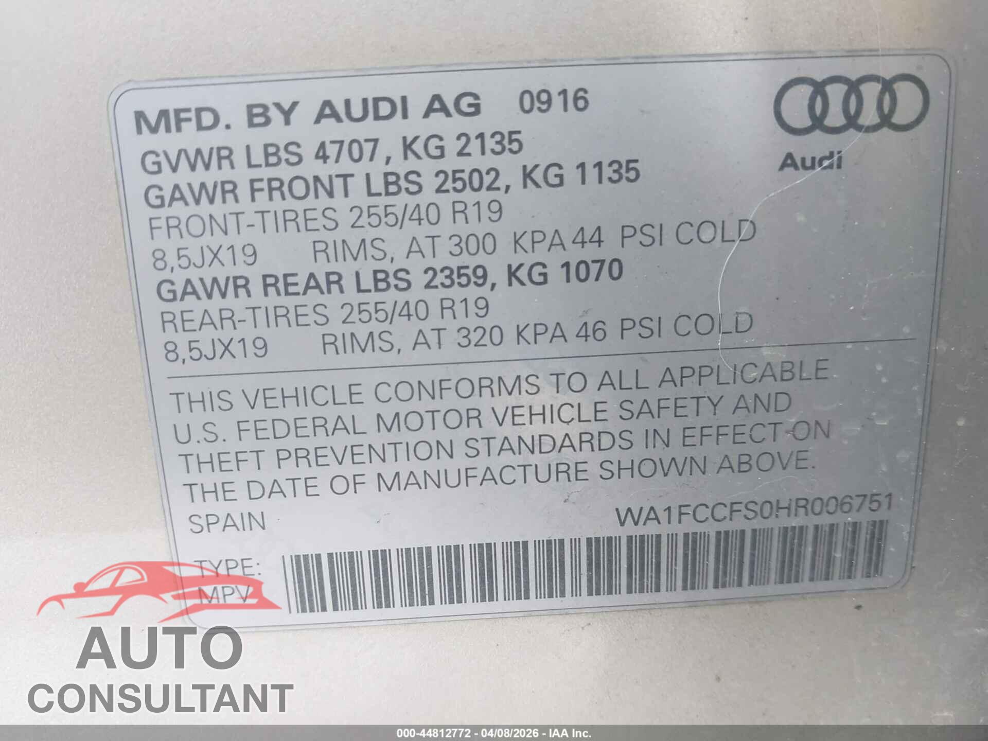 AUDI Q3 2017 - WA1FCCFS0HR006751