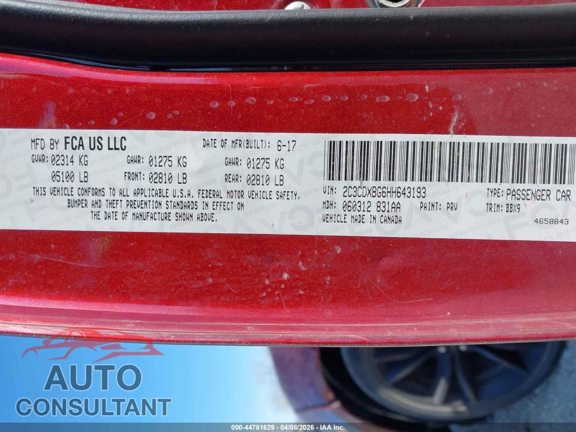 DODGE CHARGER 2017 - 2C3CDXBG6HH643193