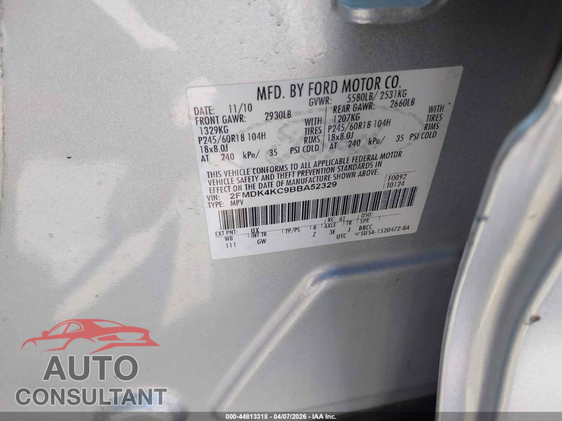 FORD EDGE 2011 - 2FMDK4KC9BBA52329