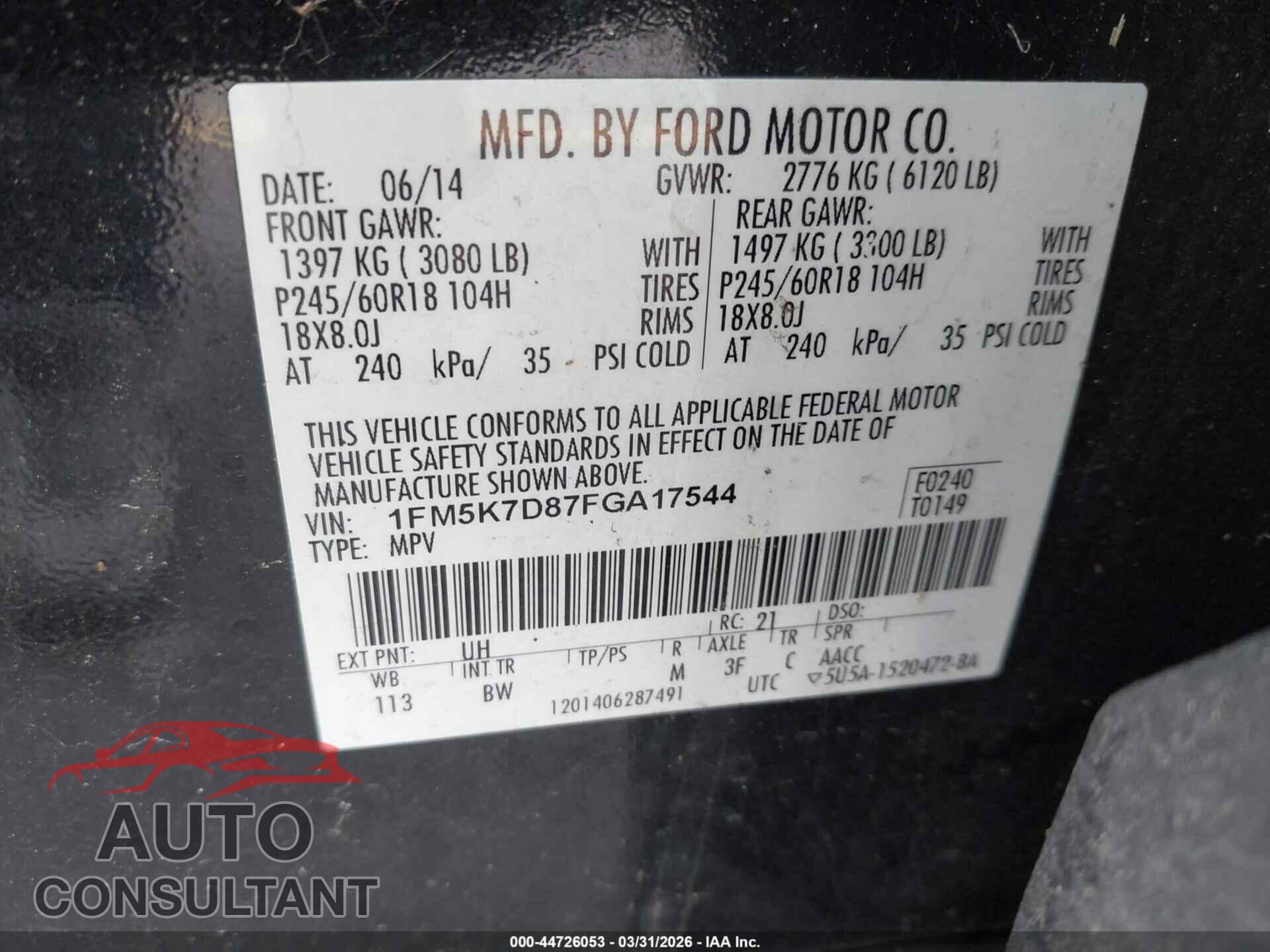 FORD EXPLORER 2015 - 1FM5K7D87FGA17544