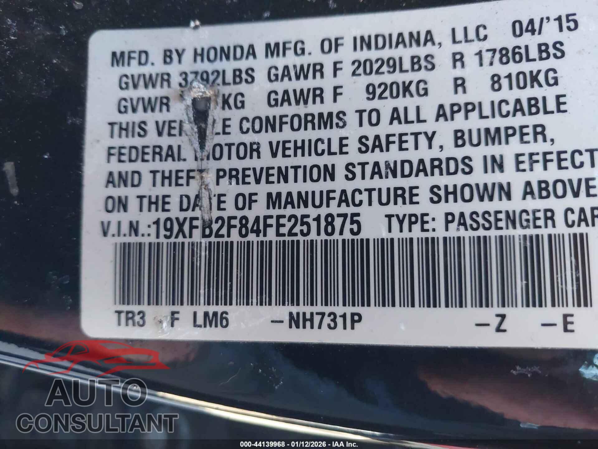HONDA CIVIC 2015 - 19XFB2F84FE251875