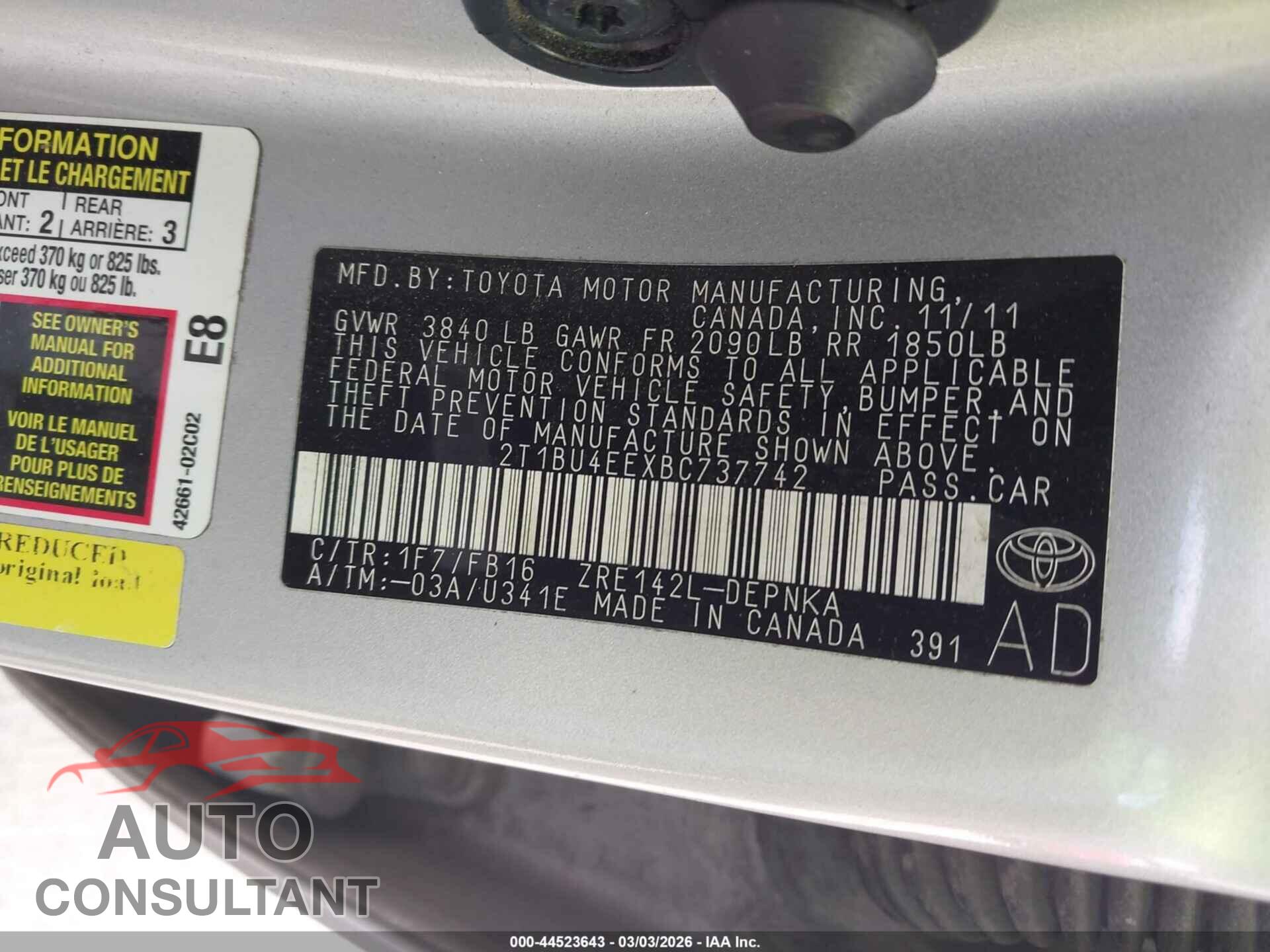 TOYOTA COROLLA 2011 - 2T1BU4EEXBC737742
