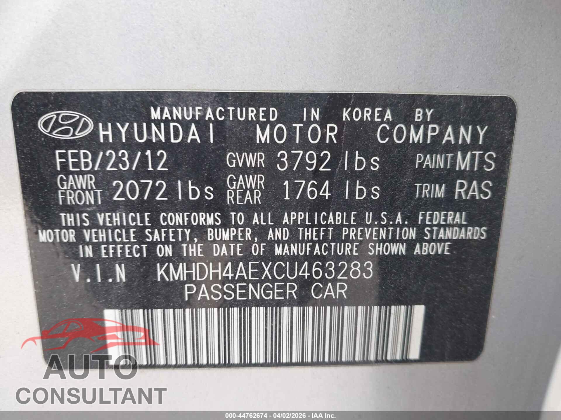 HYUNDAI ELANTRA 2012 - KMHDH4AEXCU463283