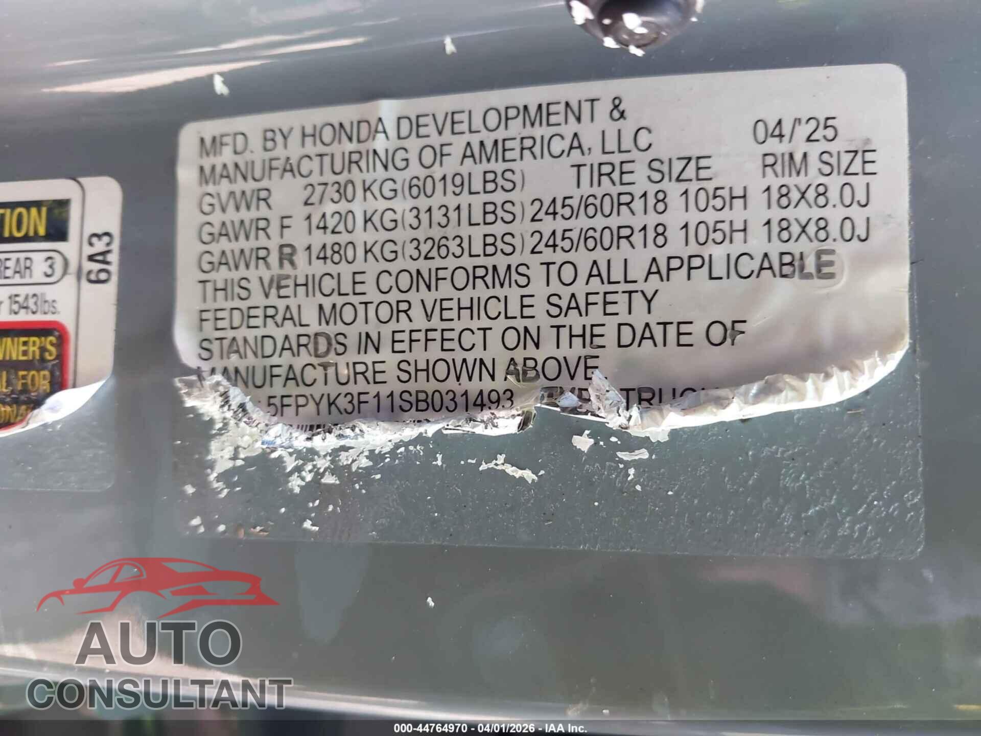 HONDA RIDGELINE 2025 - 5FPYK3F11SB031493