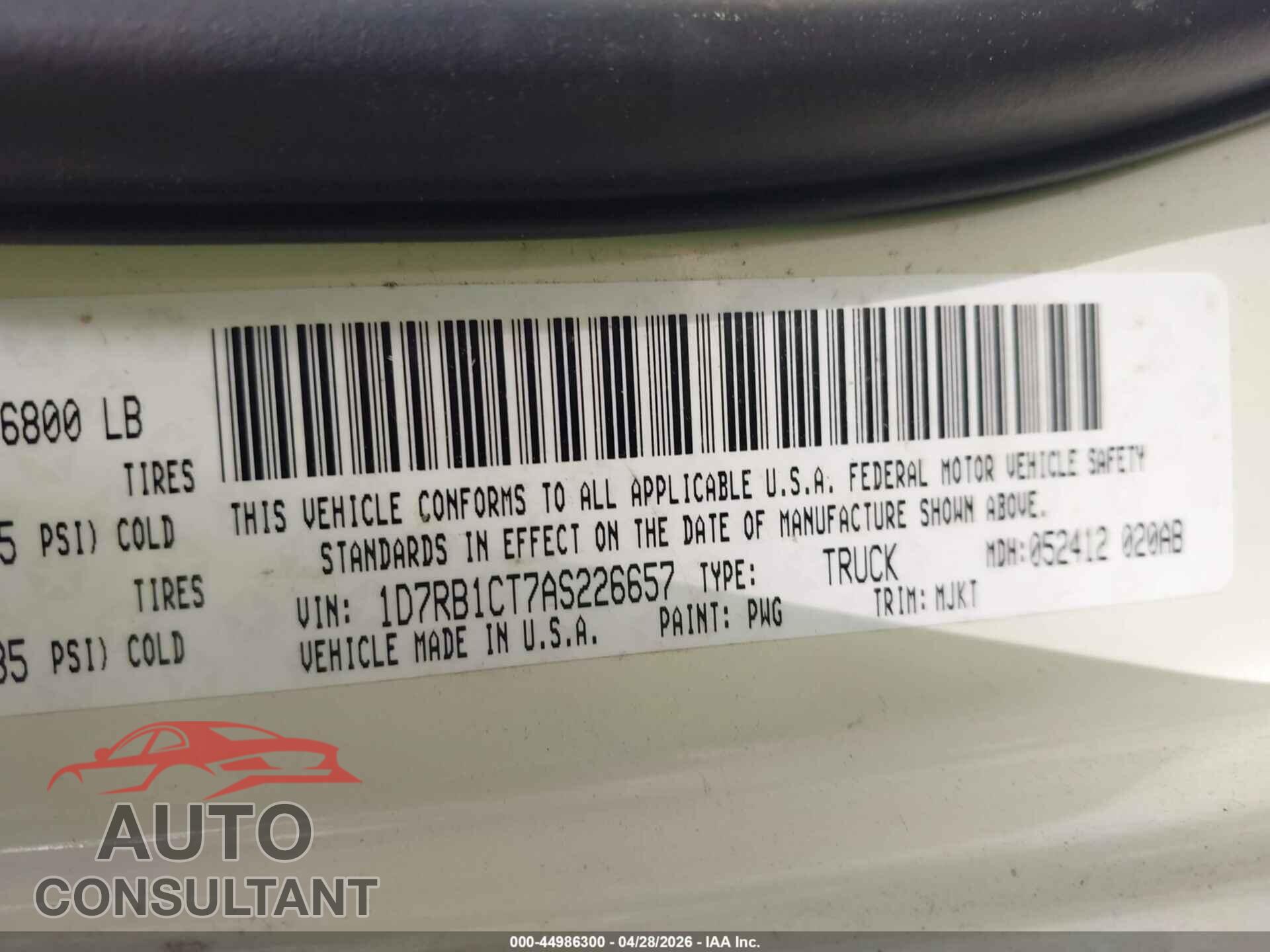 DODGE RAM 1500 2010 - 1D7RB1CT7AS226657