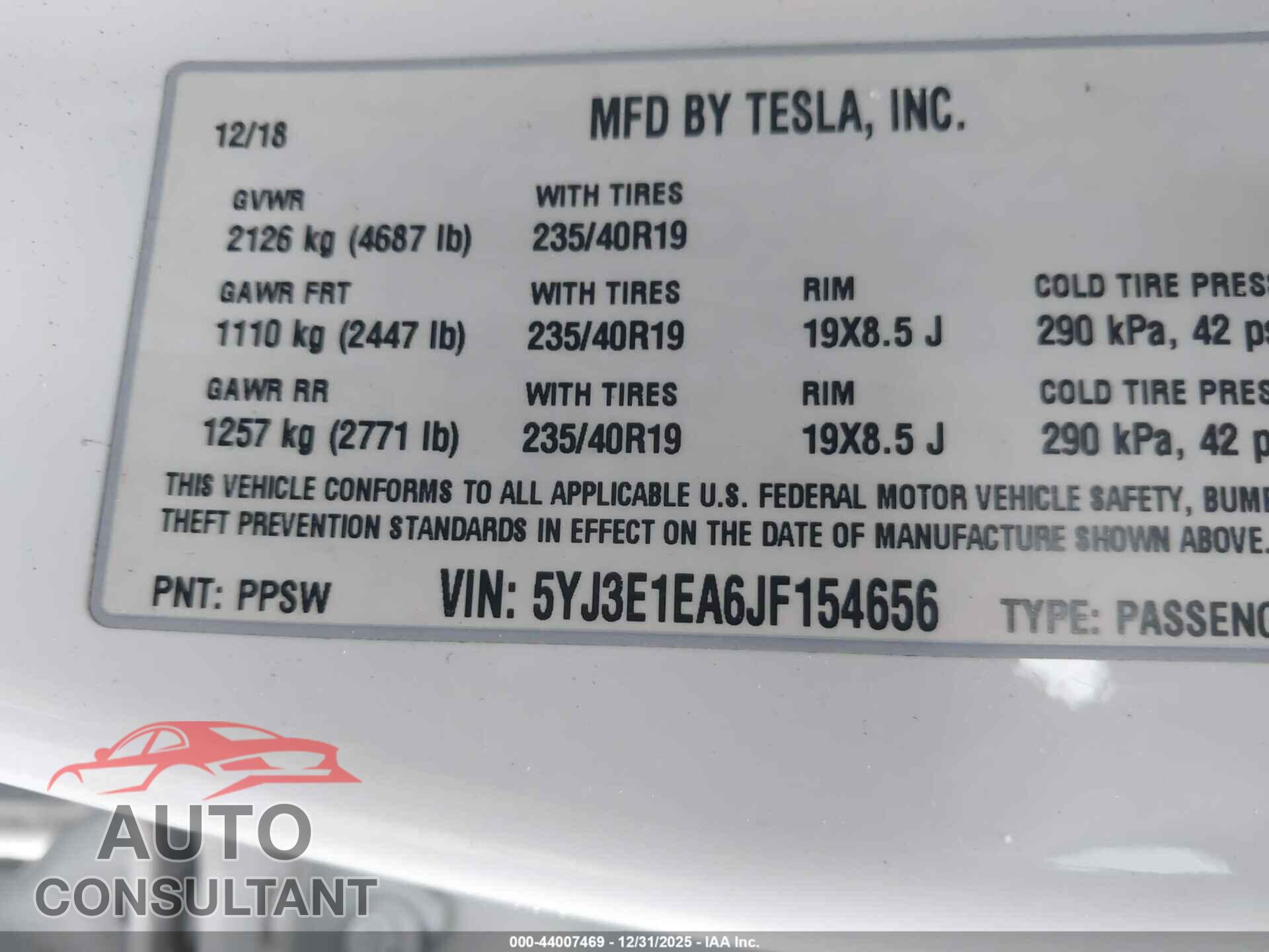 TESLA MODEL 3 2018 - 5YJ3E1EA6JF154656