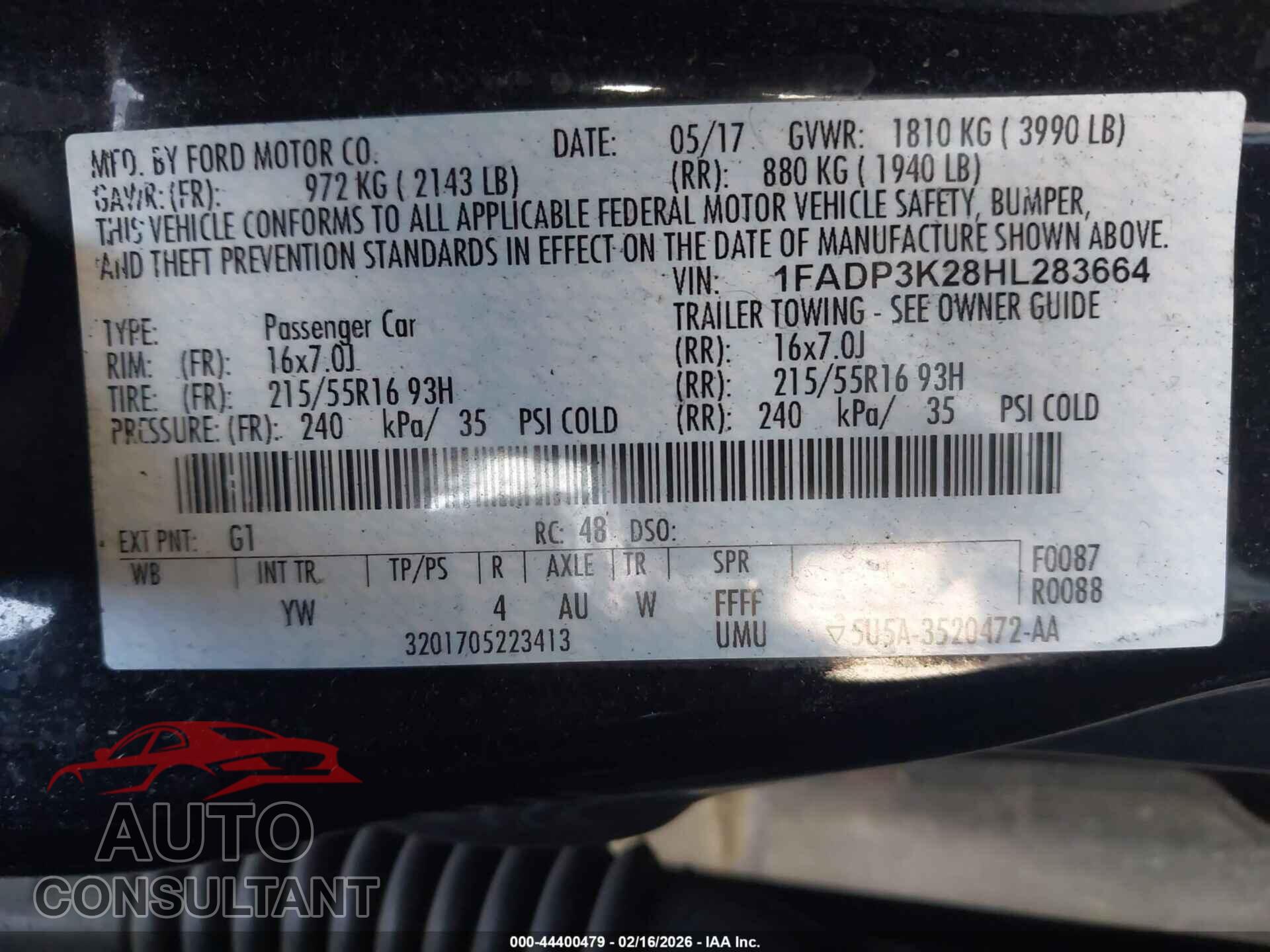 FORD FOCUS 2017 - 1FADP3K28HL283664