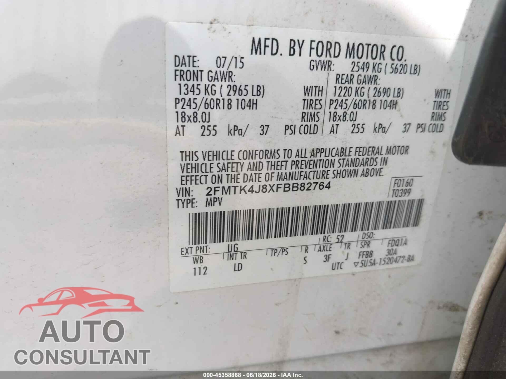 FORD EDGE 2015 - 2FMTK4J8XFBB82764