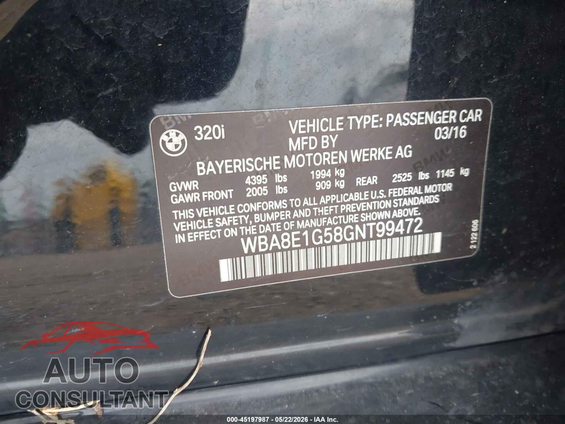 BMW 320I 2016 - WBA8E1G58GNT99472