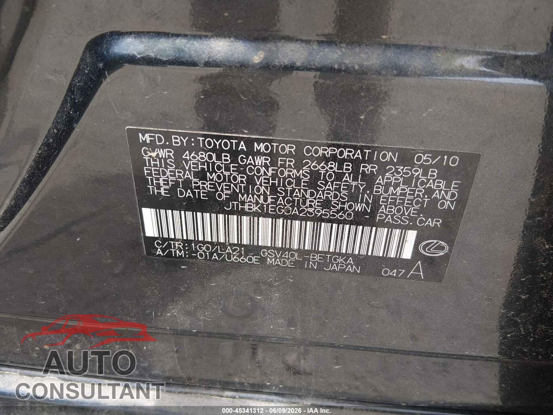 LEXUS ES 350 2010 - JTHBK1EG0A2395560