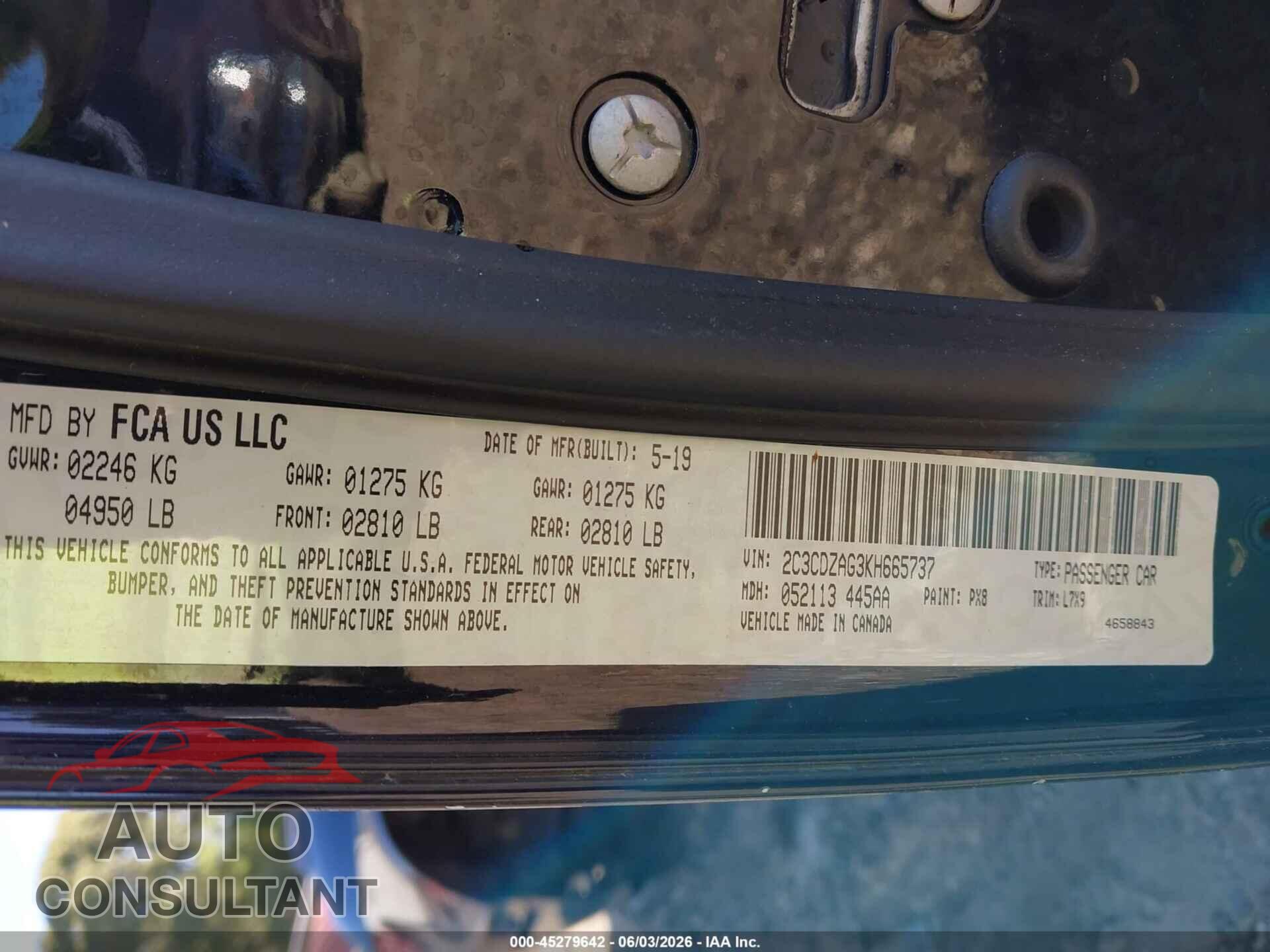DODGE CHALLENGER 2019 - 2C3CDZAG3KH665737