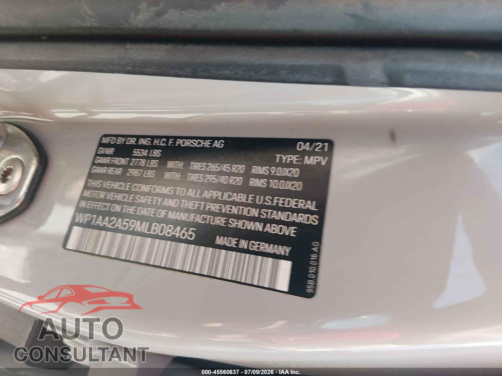 PORSCHE MACAN 2021 - WP1AA2A59MLB08465