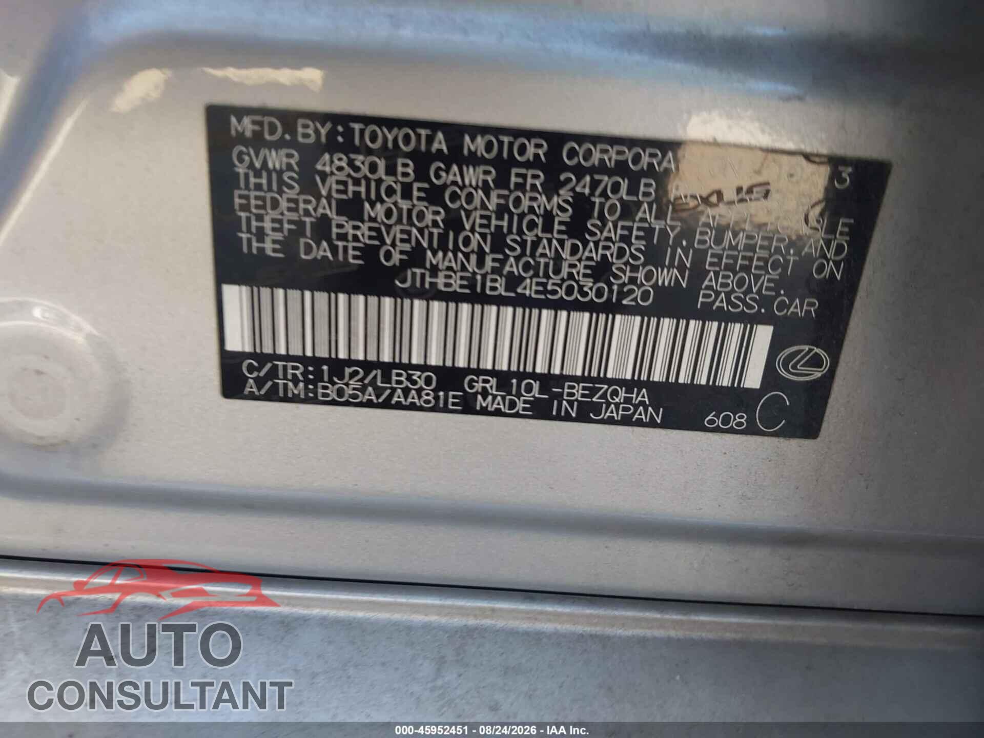 LEXUS GS 350 2014 - JTHBE1BL4E5030120