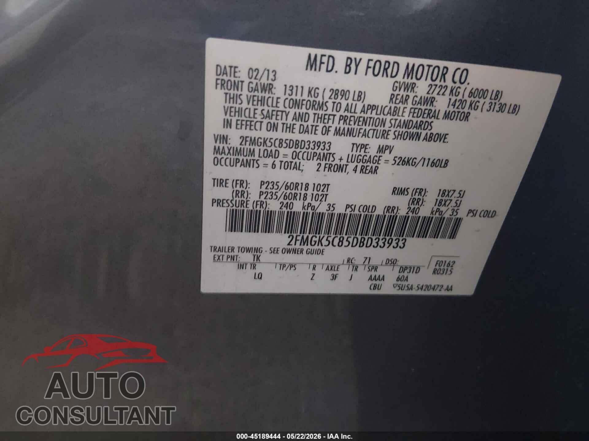 FORD FLEX 2013 - 2FMGK5C85DBD33933