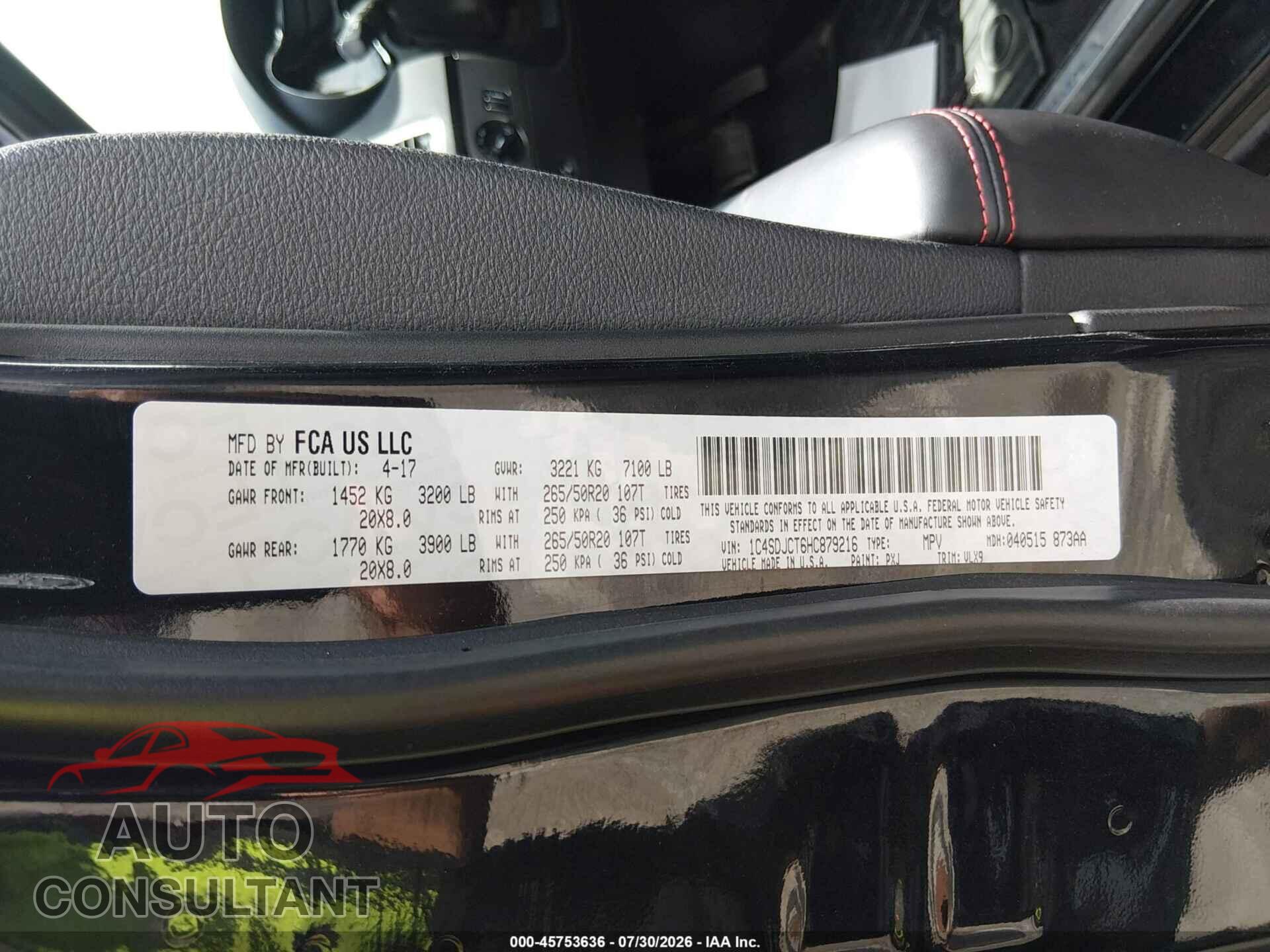 DODGE DURANGO 2017 - 1C4SDJCT6HC879216