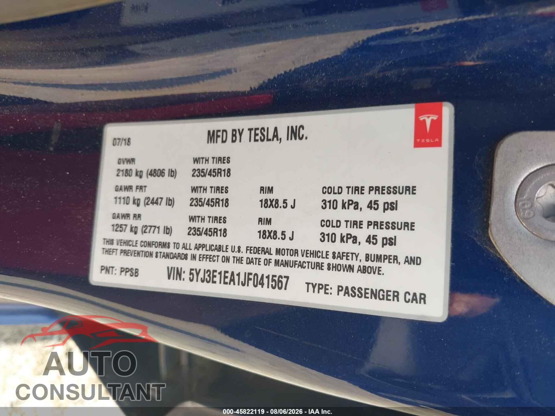TESLA MODEL 3 2018 - 5YJ3E1EA1JF041567