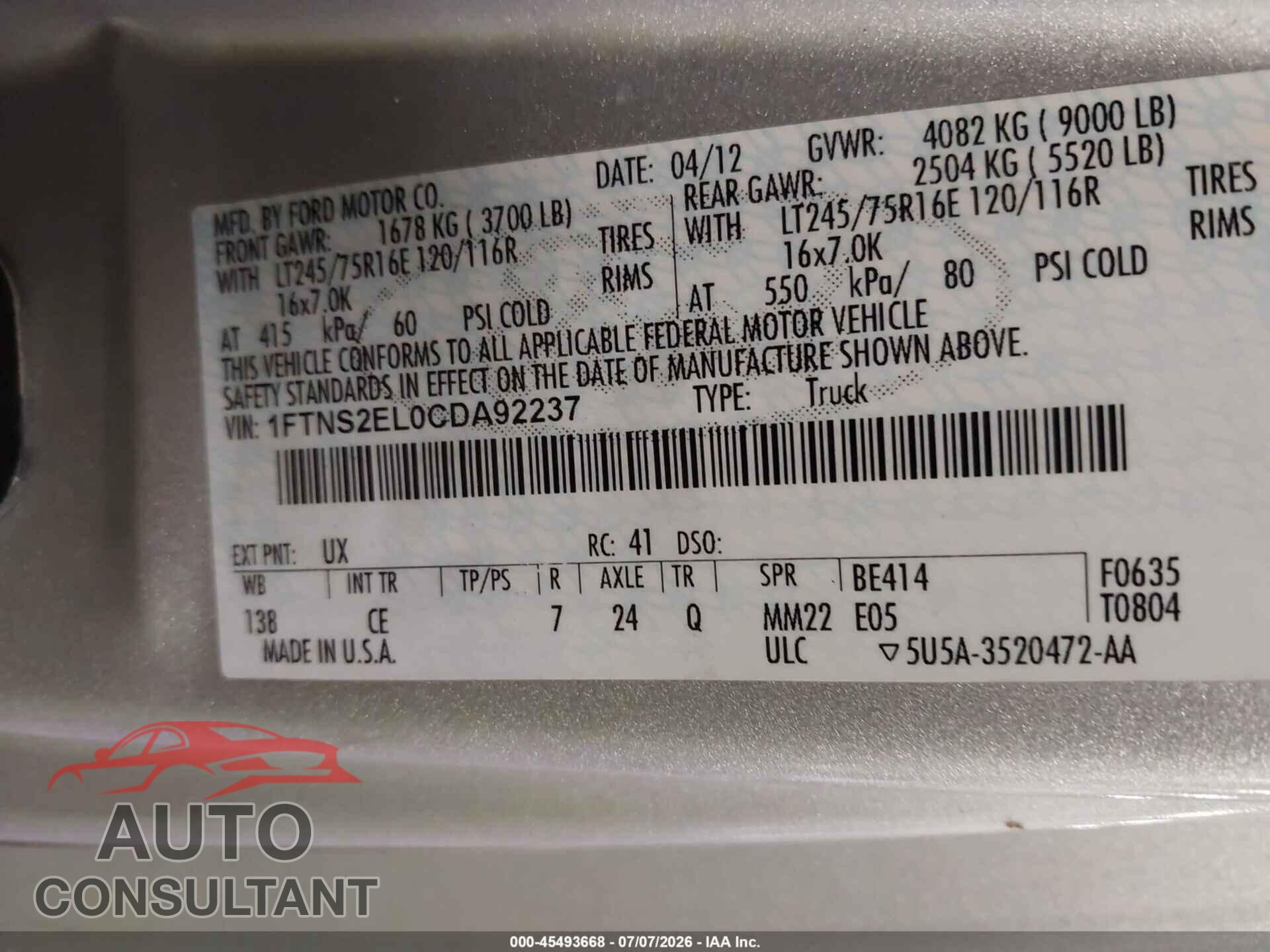 FORD E-250 2012 - 1FTNS2EL0CDA92237