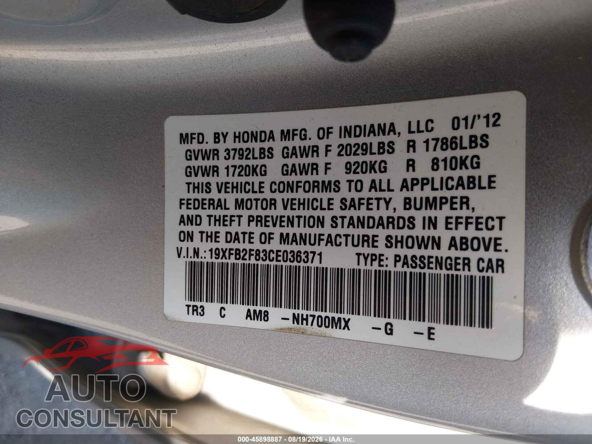 HONDA CIVIC 2012 - 19XFB2F83CE036371