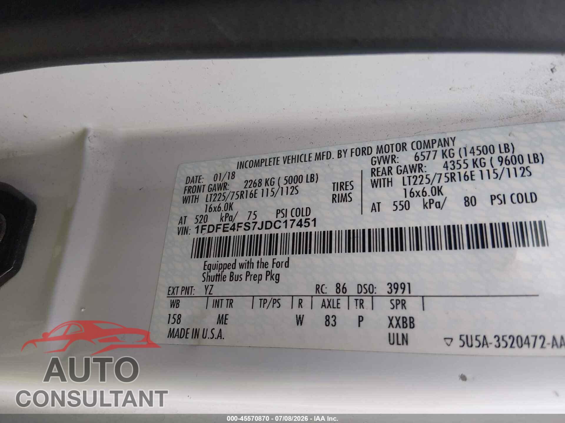 FORD E-450 CUTAWAY 2018 - 1FDFE4FS7JDC17451
